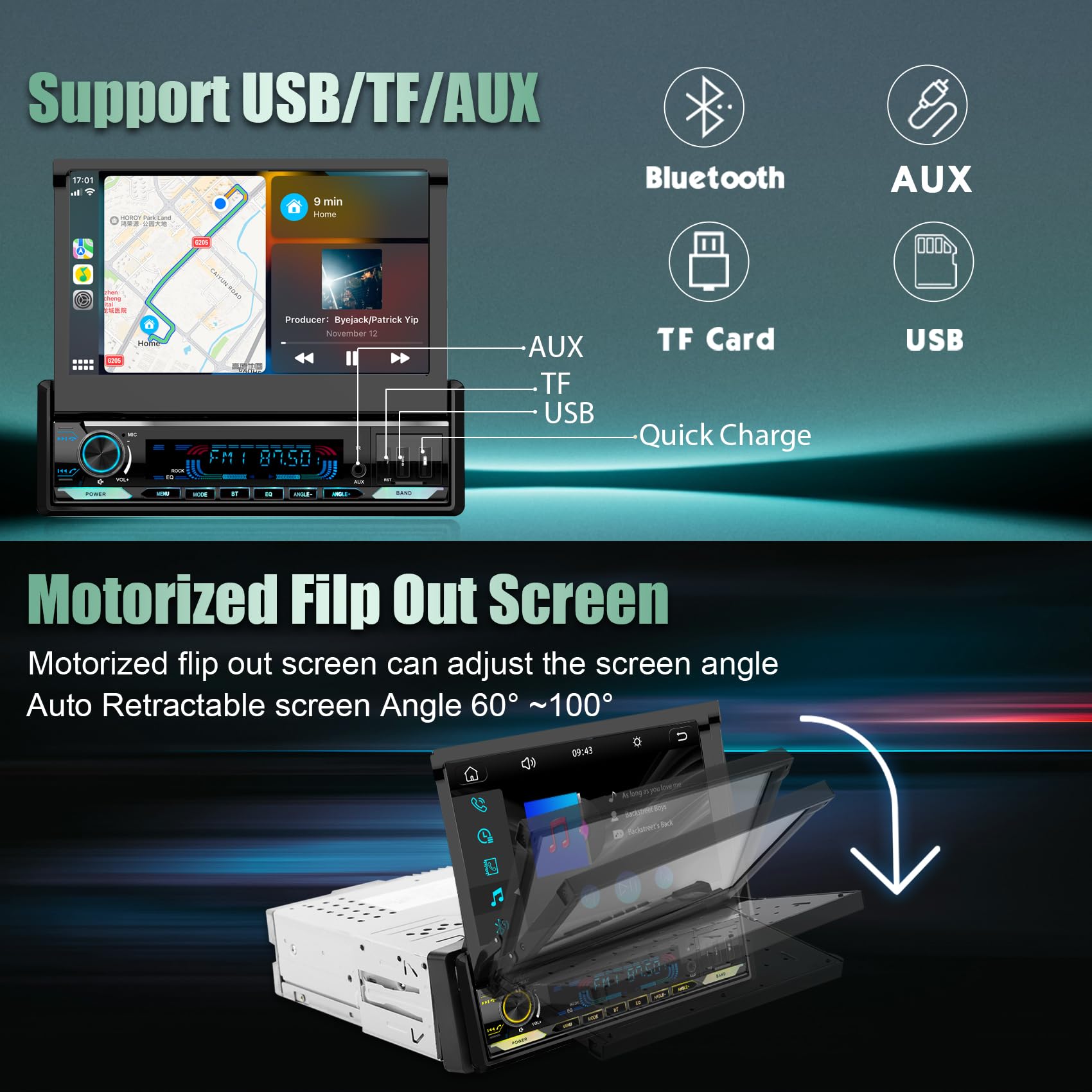 [Motorized] Y Metdriving 7 Inch Single Din Flip Out Touchscreen Car Stereo With Wired Apple Carplay & Android Auto,Screen Foldab