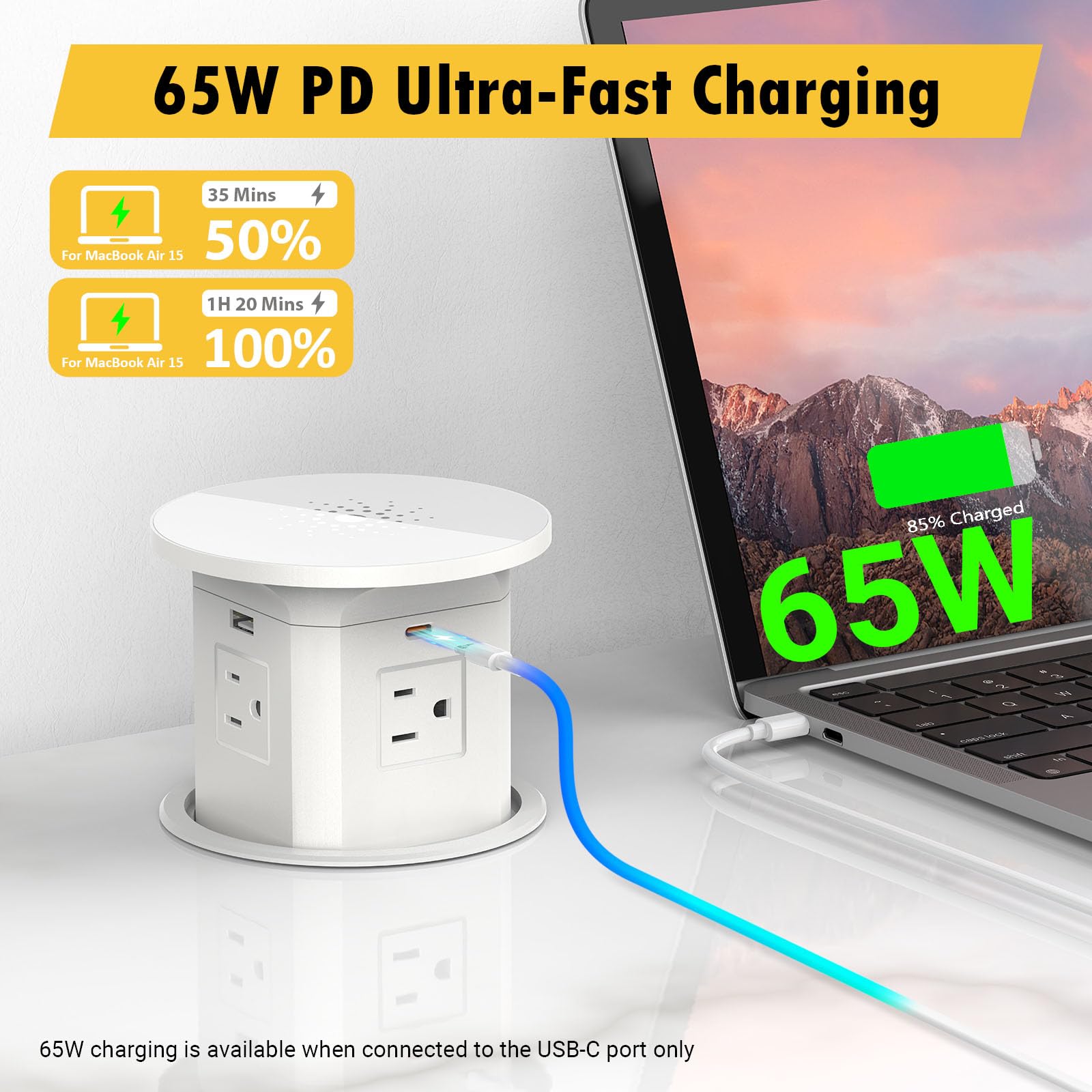 Kungfuking Pop Up Outlet For Countertop Kitchen, 65W Usb C Wireless Counter Top Electrical Power Outlet, 15A/1875W Receptacle Ch
