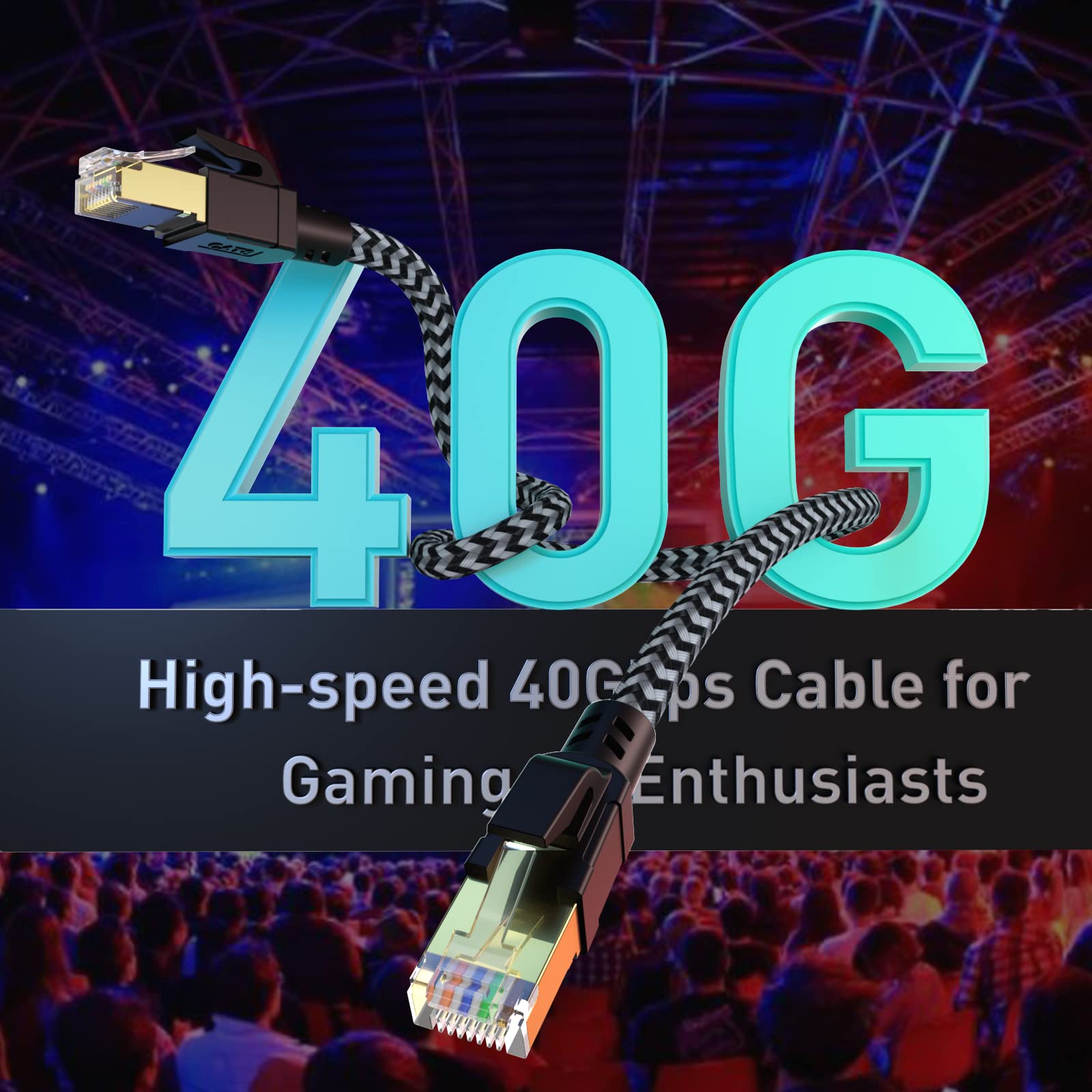 Cabneer Cat 8 Ethernet Cable 15Ft, High Speed Braided Internet Cable Network Cord With Gold Plated Rj45 Connector 40Gbps 2000Mhz