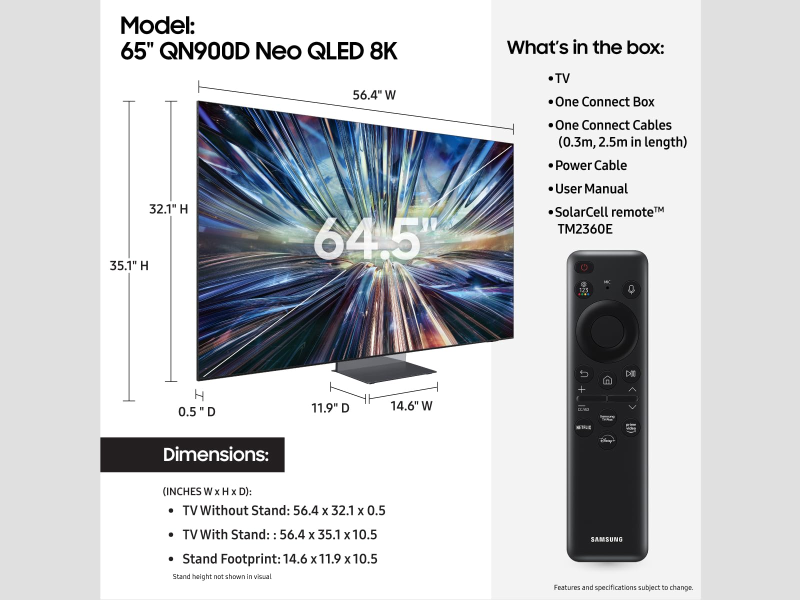 Samsung 65-Inch Class Neo Qled 8K Qn900D Series Mini Led, Neo Quantum Hdr Smart Tv W/Dolby Atmos, Object Tracking Sound Pro, Ai