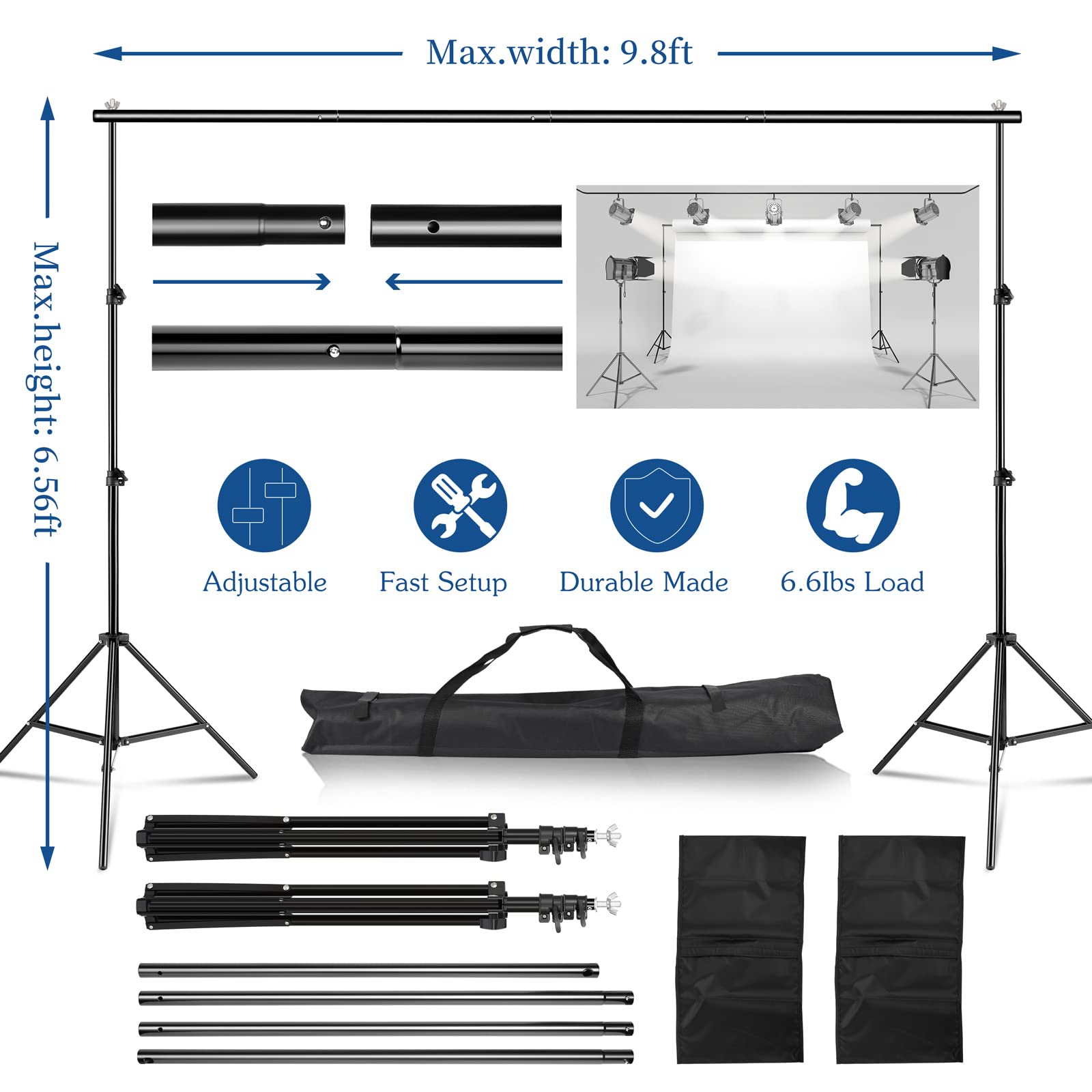 Kshioe Backdrop Stand 2X3M/6.5X9.8Ft Photo Video Studio Adjustable Background Support System Stand With Carry Bag