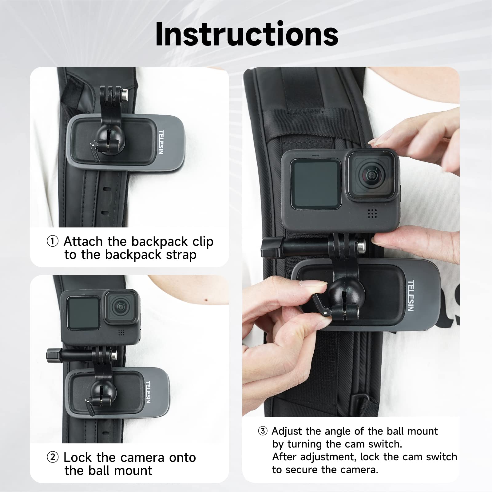 Telesin Backpack Clip Mount With 360 Ball Joint Bag Belt Shoulder Strap Holder Attachment For Gopro Max Hero 12 11 10 9 8 7 6 5, Insta360 X3 X4 Go3 Ace Pro, Dji Action 3 4 Osmo Pocket 3 Accessories