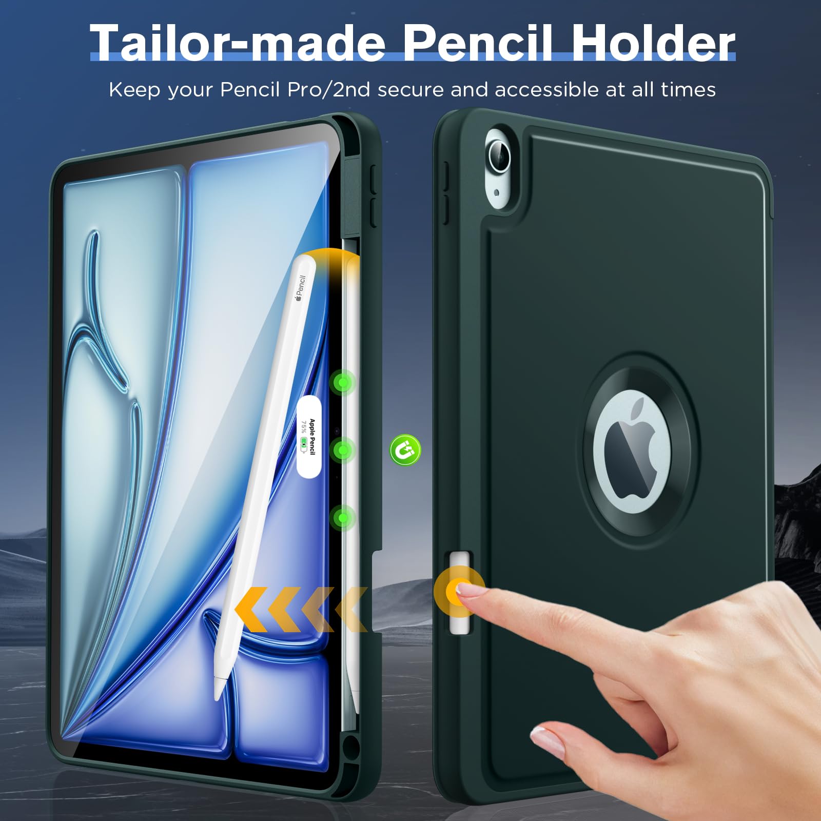 MoKo for iPad Air 11 Inch Case (M2) 2024, iPad Air 6th Generation Case/iPad Air 5th/4th Gen 2022/2020 with Pencil Holder, Smart Trifold Protective iPad Case,Hollow Logo/Auto Wake/Sleep,Midnight Green