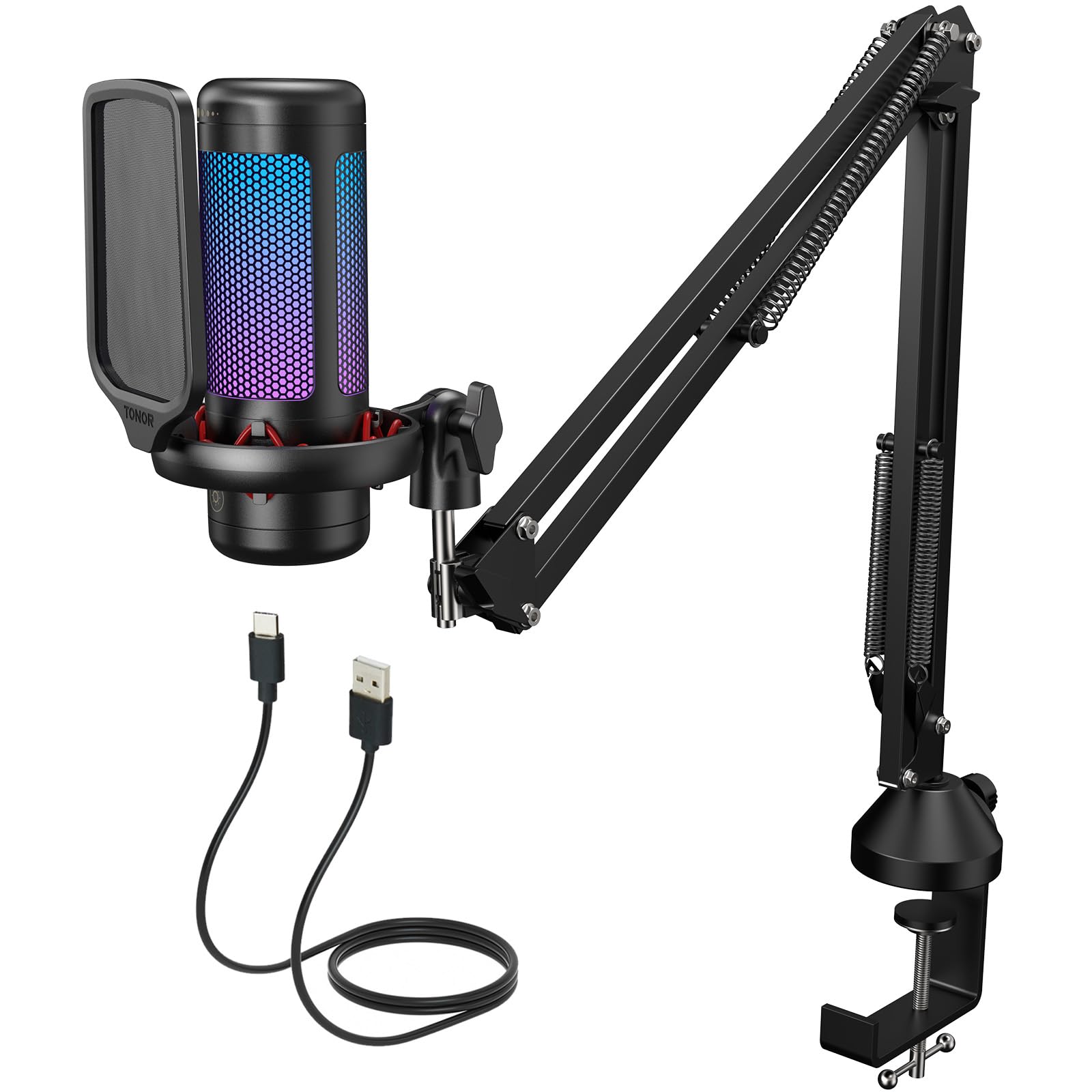 Gaming USB Microphone Set for PC, TONOR RGB Condenser Mic with Boom Arm Quick Mute, RGB Lighting, Pop Filter, Shock Mount, Gain