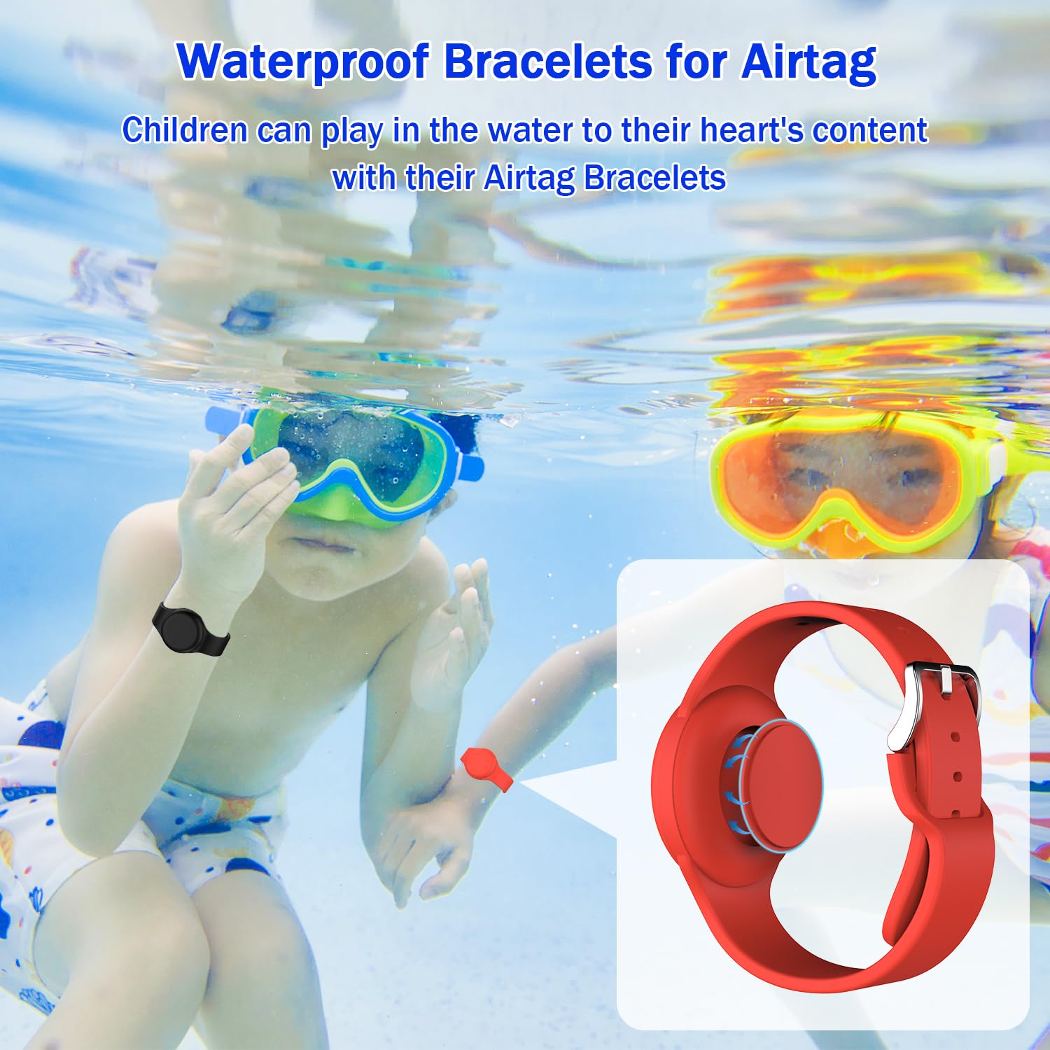 R-fun Waterproof Air Tag Bracelet Soft Silicone Black/Red (2 Pack)