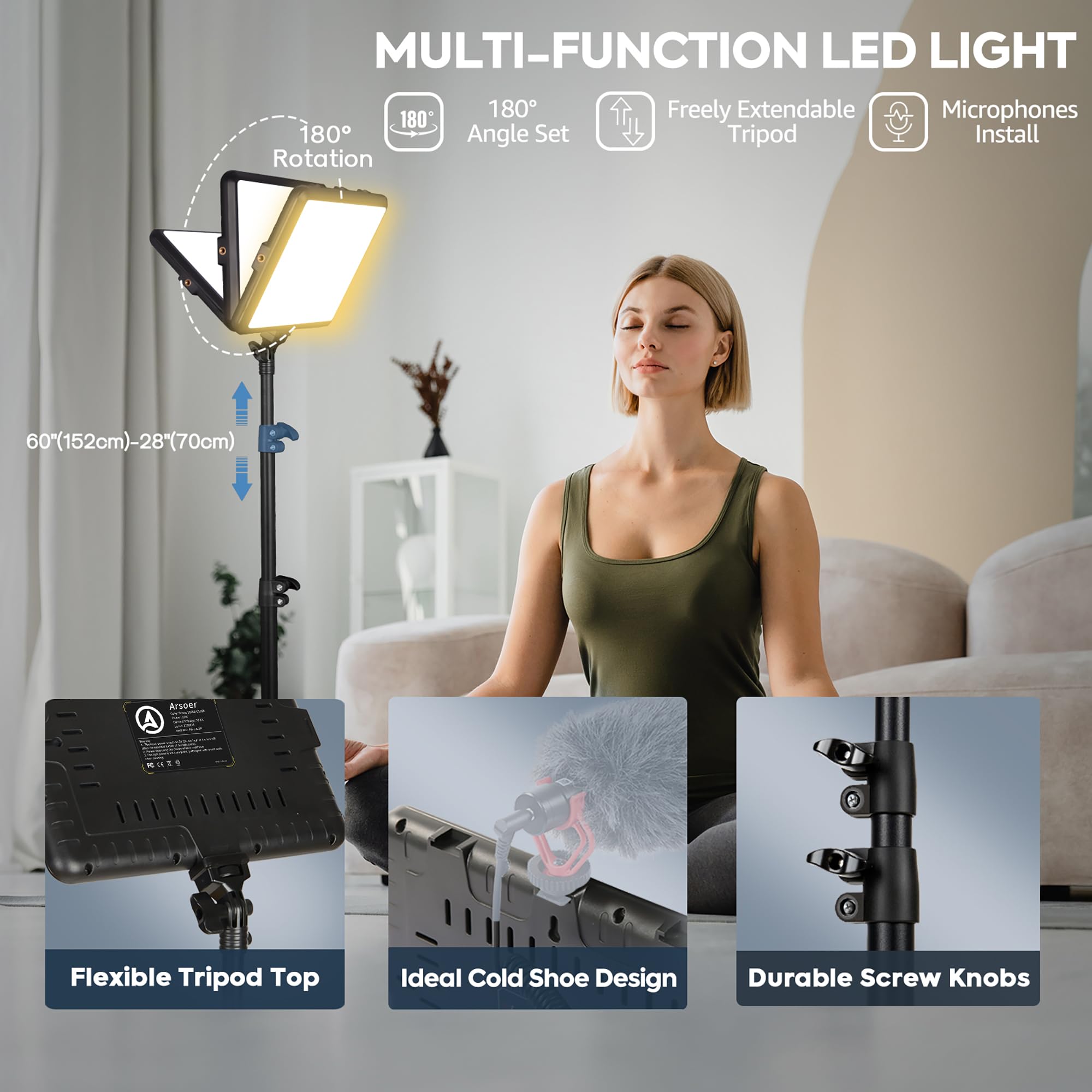 2 Pack Led Photography Lighting Kit, Arsoer 15W Bi Color Video Light Kit, 2800 6500K Led Light Cri 97+, Studio Light With 70