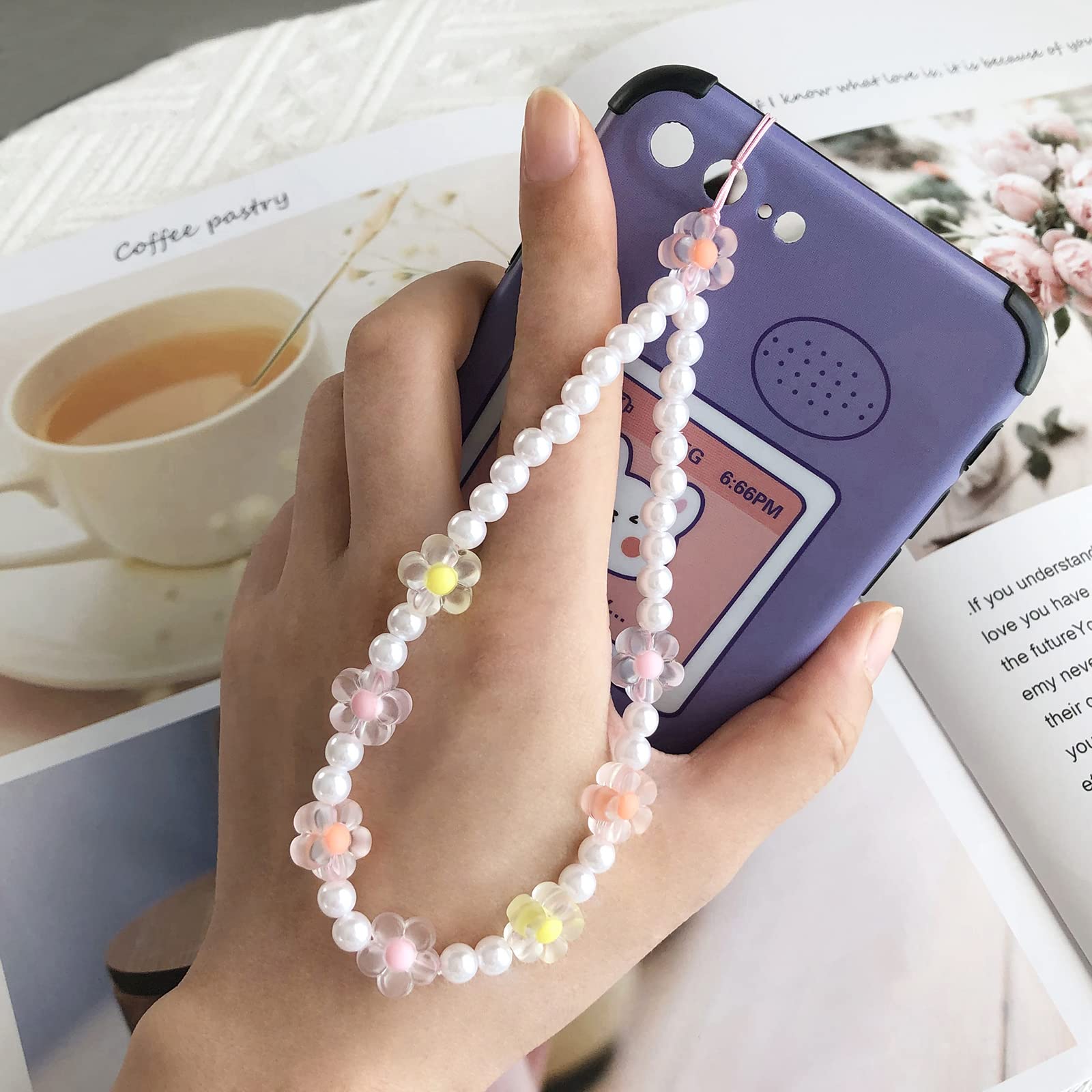 Holaoct 3Pcs Phone Charm,Cute Smiley Face Phone Charms Strap Beaded Keychain Pearl Phone Case Lanyards For Women