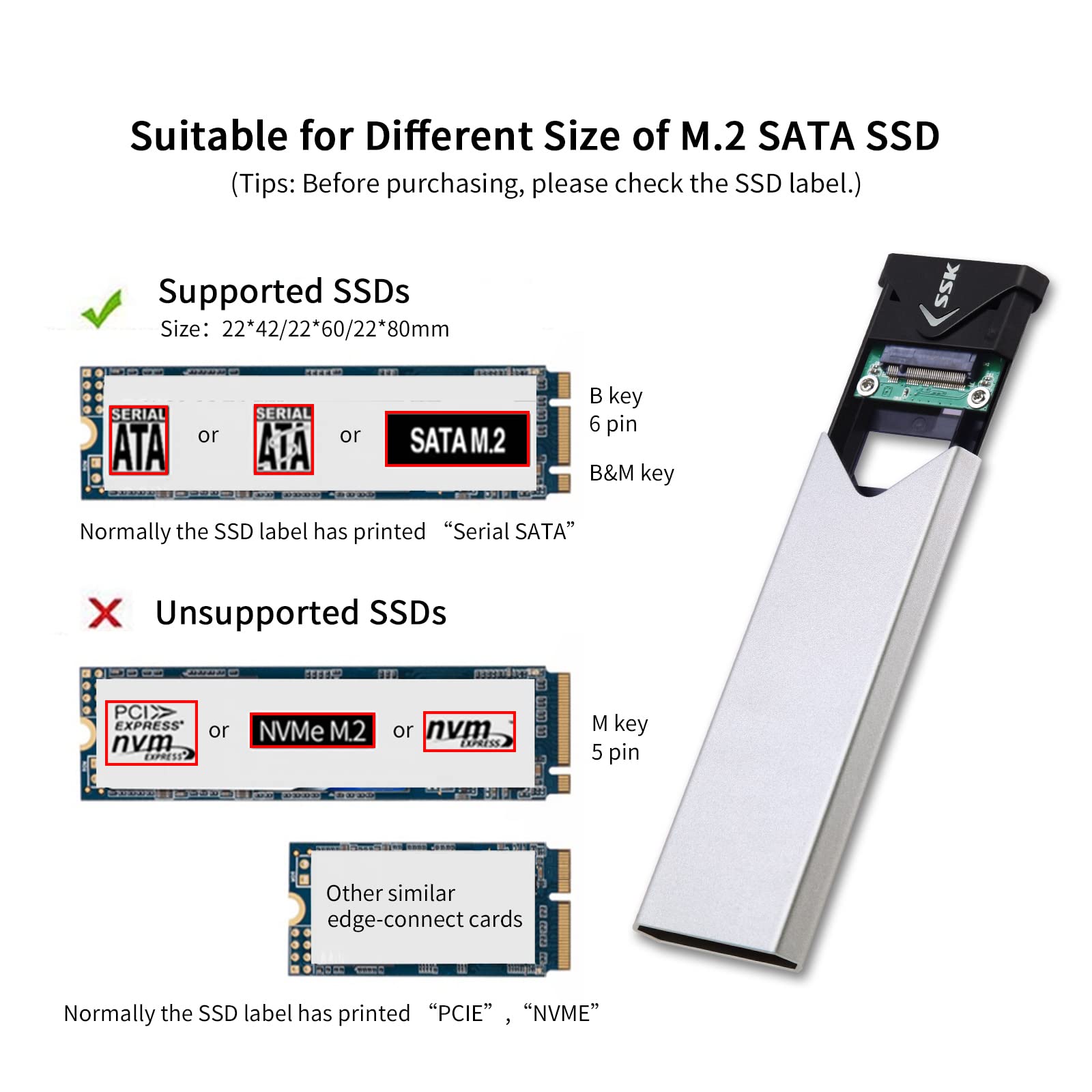 Ssk Aluminum Usb 3.2 Gen 1 To M.2 Sata Ngff Ssd Enclosure Adapter, External Sata Based M.2 Solid State Drive Enclosure Reader (F