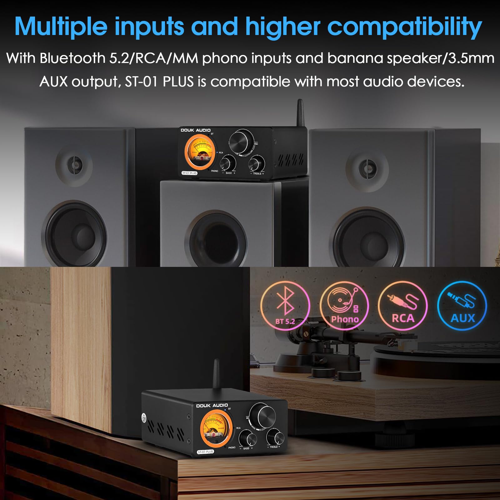 Douk Audio St 01 200W Bluetooth Amplifier, 2 Channel Vacuum Tube Power Amp With Usb Dac/Coaxial Optical Inputs/Vu Meter/Treble B