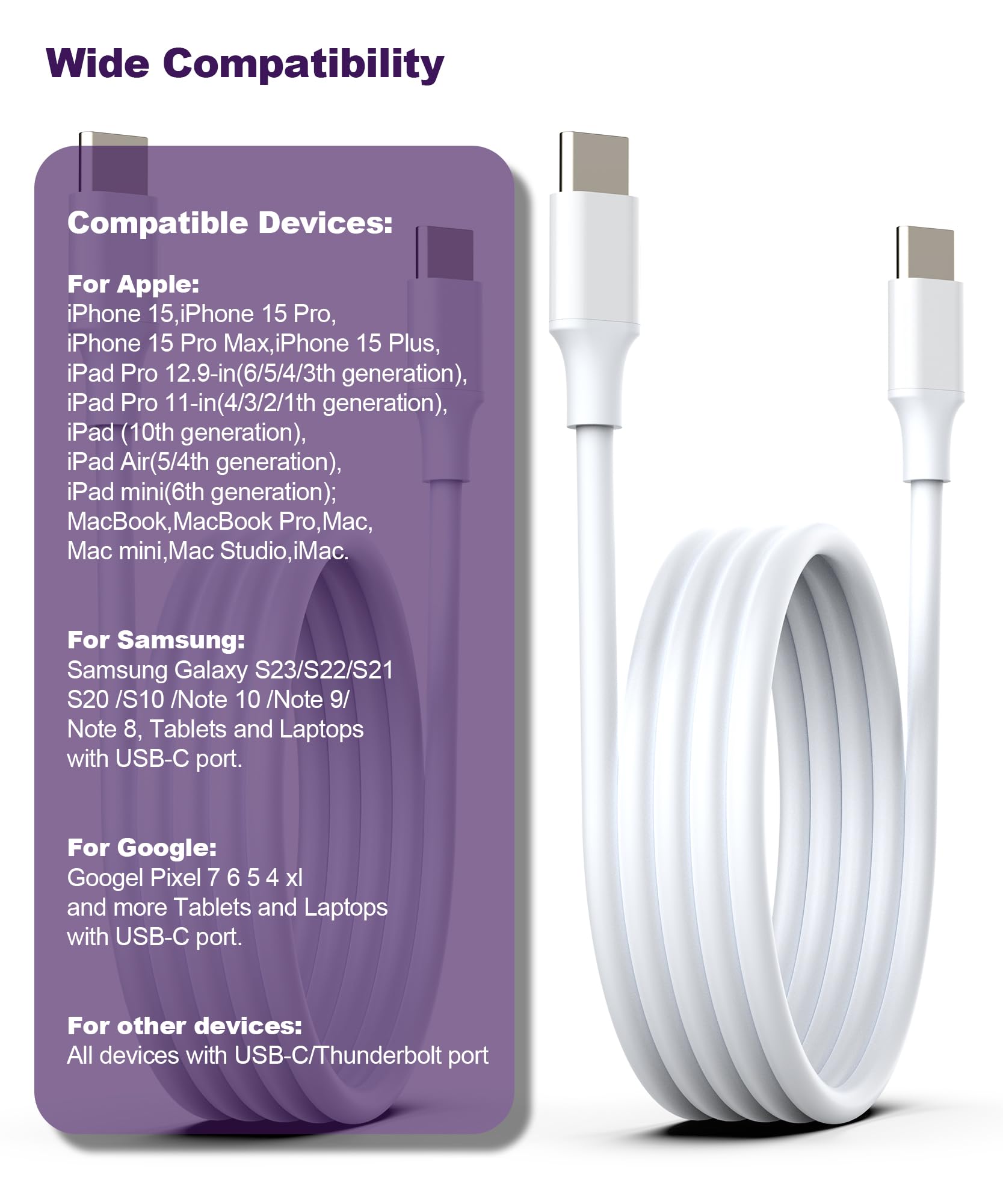 Lmuboy Usb C To Usb C Charge Cable,60W Type C Charger Cable For Iphone 15,Ipad,Macbook Pro,Galaxy S24/S23,Pixel 7 6 5,And More P