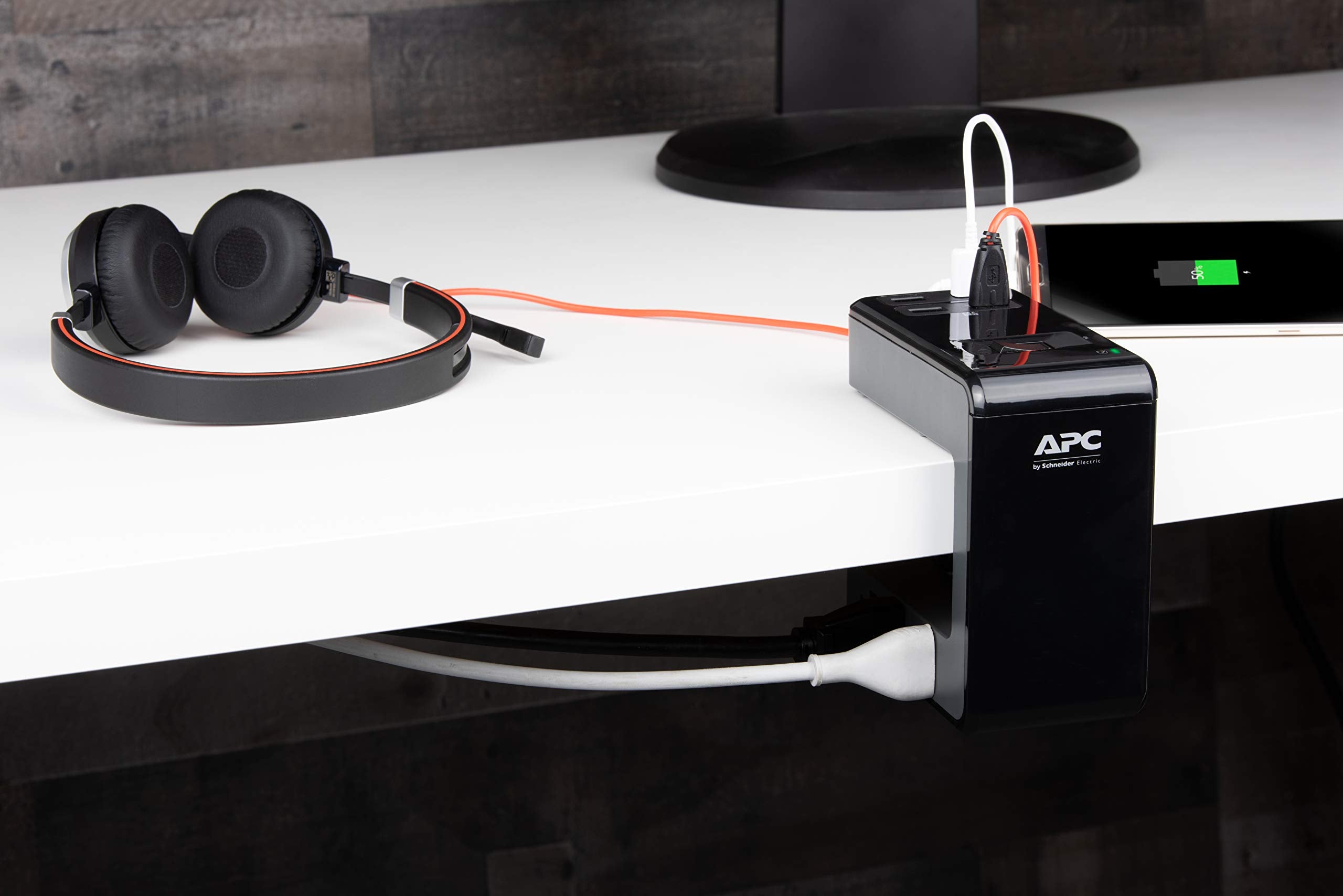 Apc Desk Mount Power Station Pe6U4, U-Shaped Surge Protector With Usb Ports (4), Desk Clamp, 6 Outlet, 1080 Joules Black