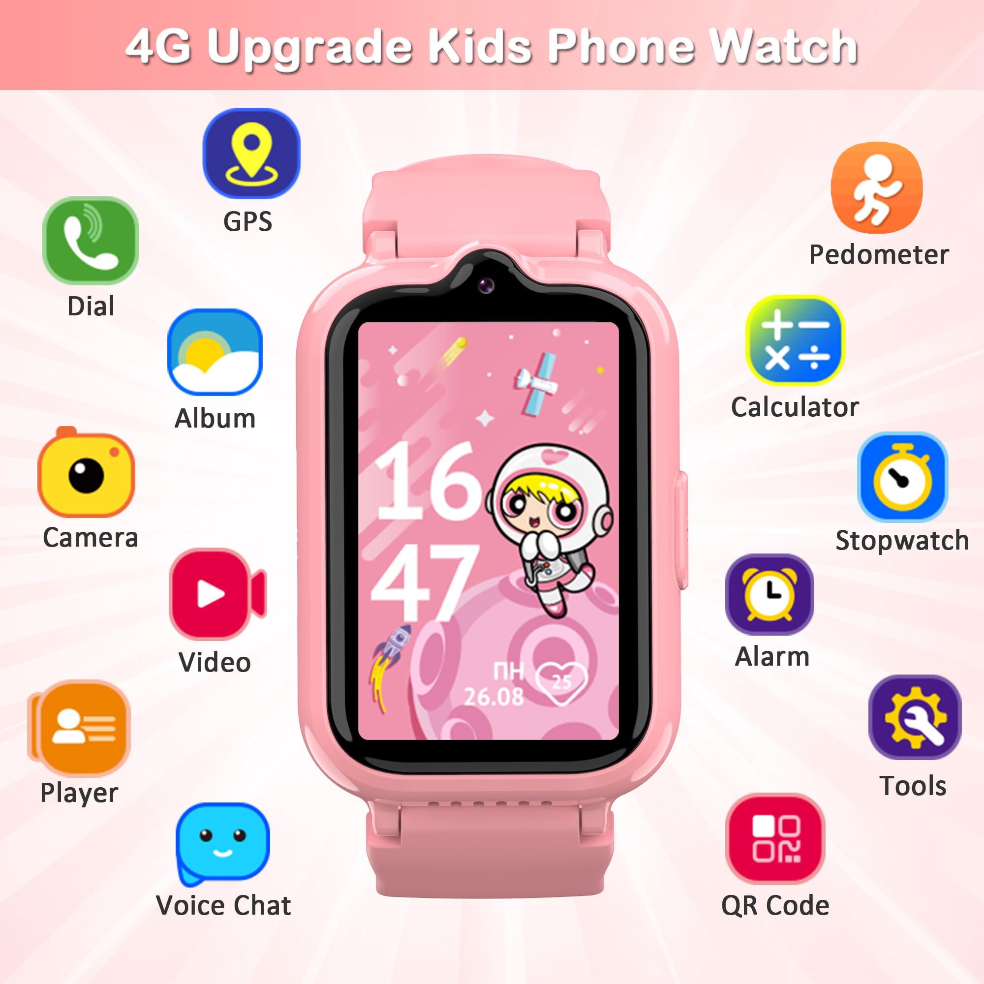 4G Kids Smart Watches Girls With Gps Tracker Phone Calling Video & Voice Chat, Wifi Touch Screen Kids Watches For Girls Ages 5 12 Sos Call Camera Alarm Clock Pedometer Birthday Gifts For Kids