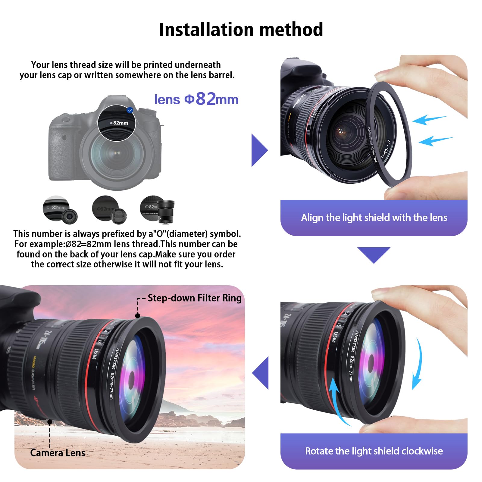 82Mm Lens To 77Mm Camera Lens Adapter,82Mm To 77Mm Filter Step Down Ring Adapter Ring,Compatible All 77Mm Filter Accessory