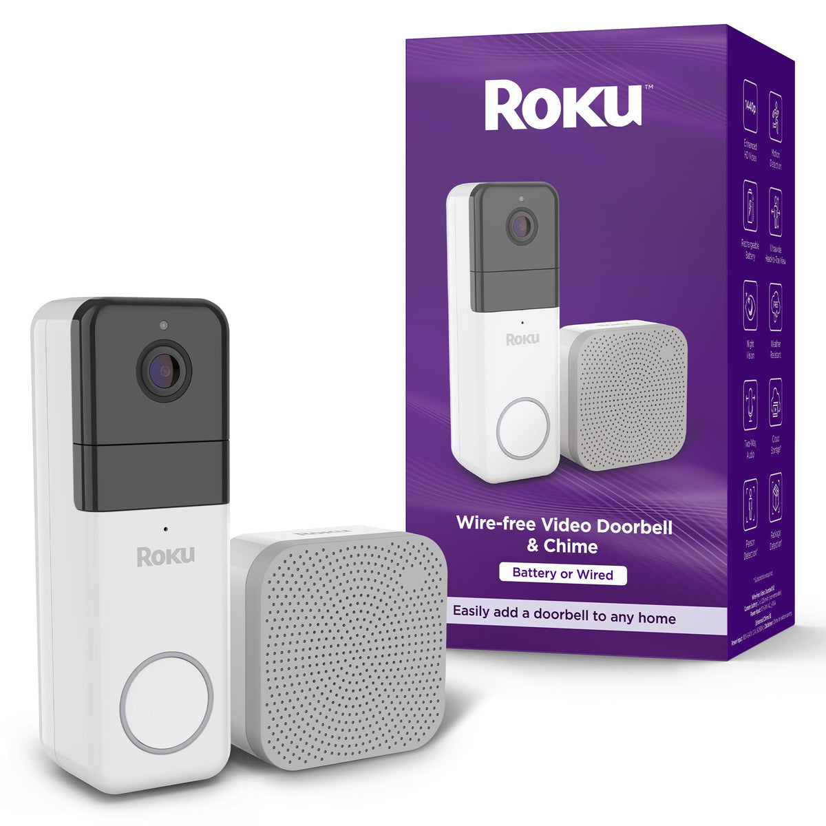 Roku Smart Home Wireless Video Doorbell & Chime - 1440P Hd Night Vision Ultrawide View Doorbell Camera With Motion & Sound Detec