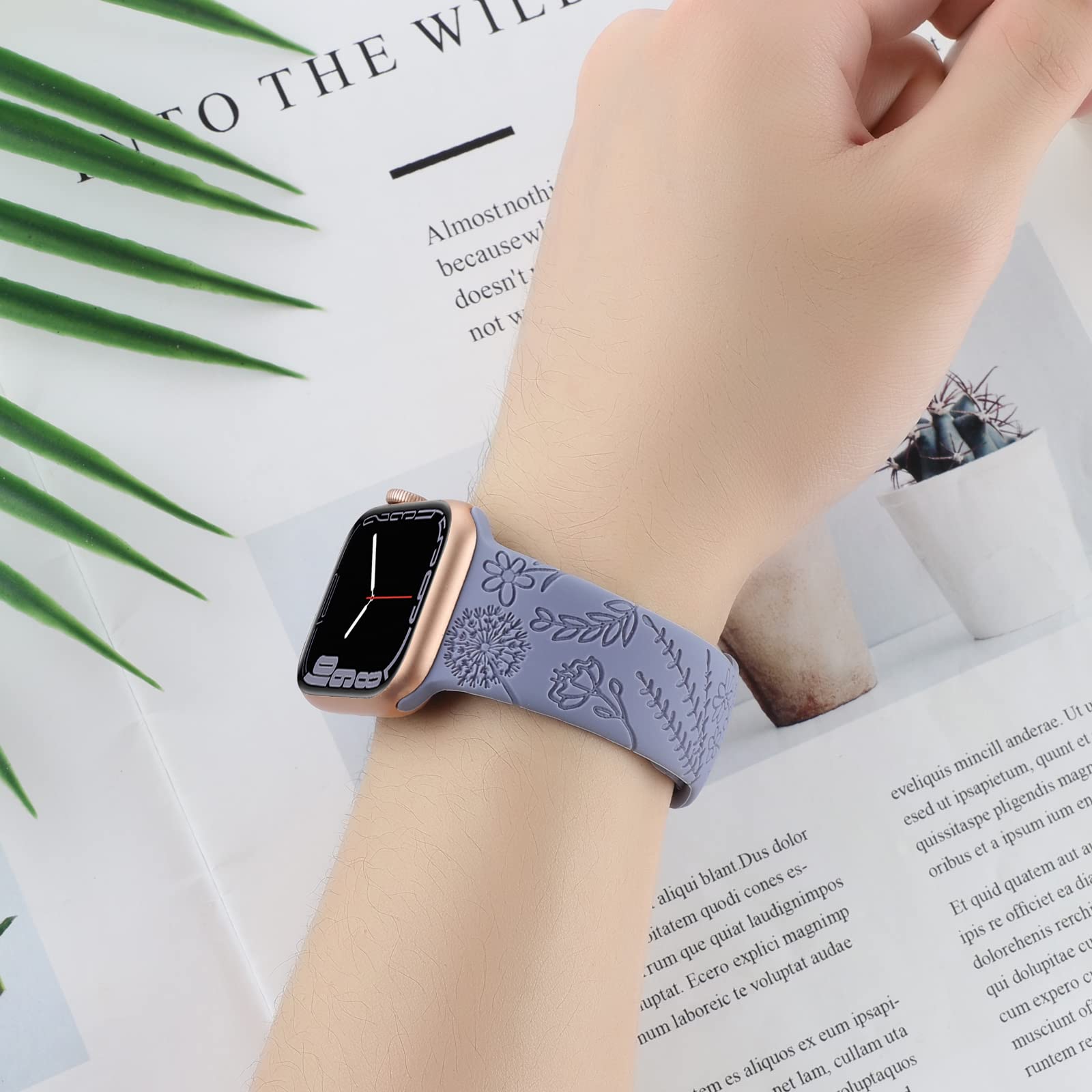 Flower Engraved Silicone Band Compatible With Apple Watch Bands 38Mm 40Mm 41Mm, Cute Women Wildflowers Floral Design Soft Sport Strap Replacement Wristbands For Iwatch Series 8 7/Se/6/5/4/3/2/1 (42/44/45Mm, Green Lavender)