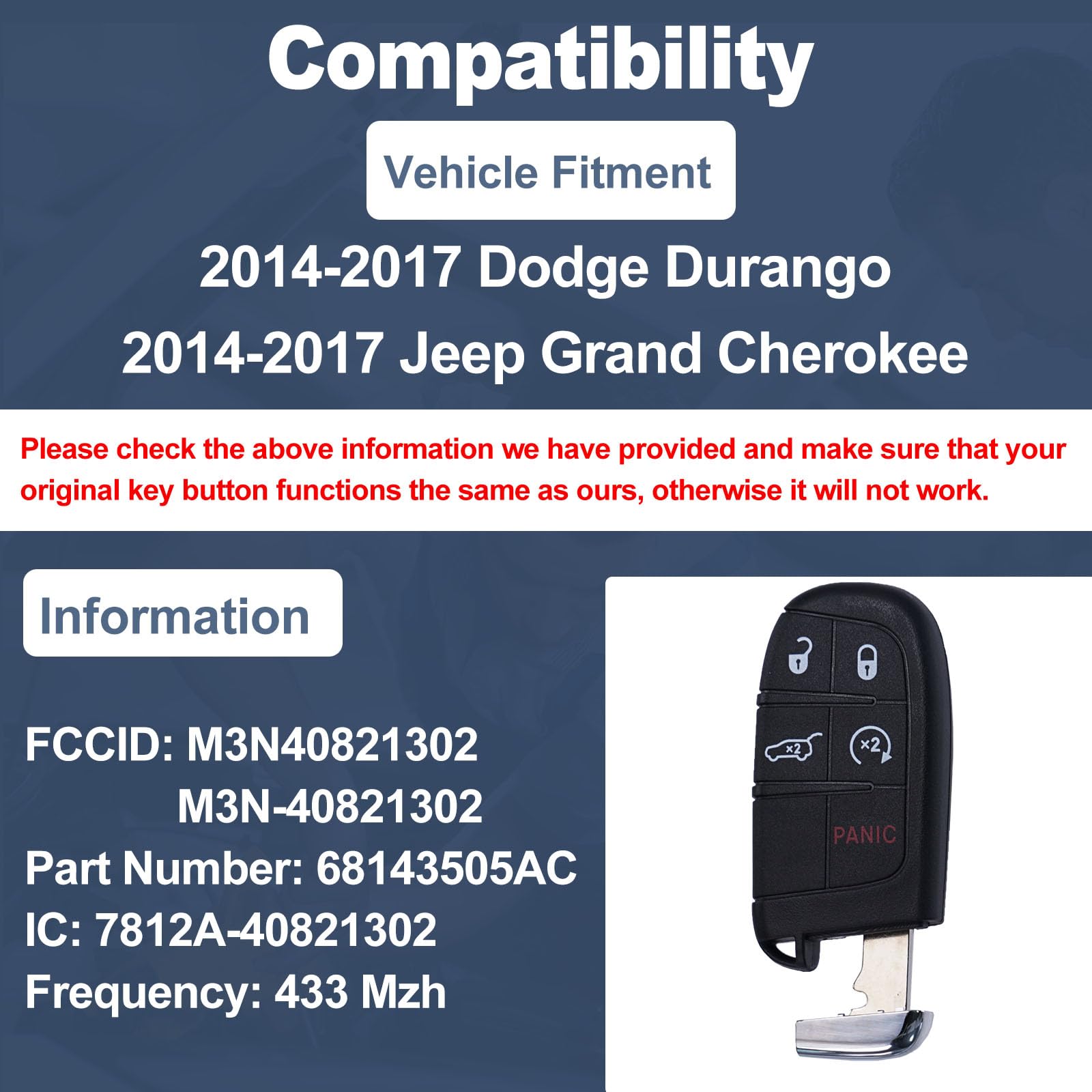 Atpstogo Diy Key Fob Replacement Fits For 2014 2015 2016 2017 Dodge Durango/Jeep Grand Cherokee 5 Buttons Keyless Entry Remote C