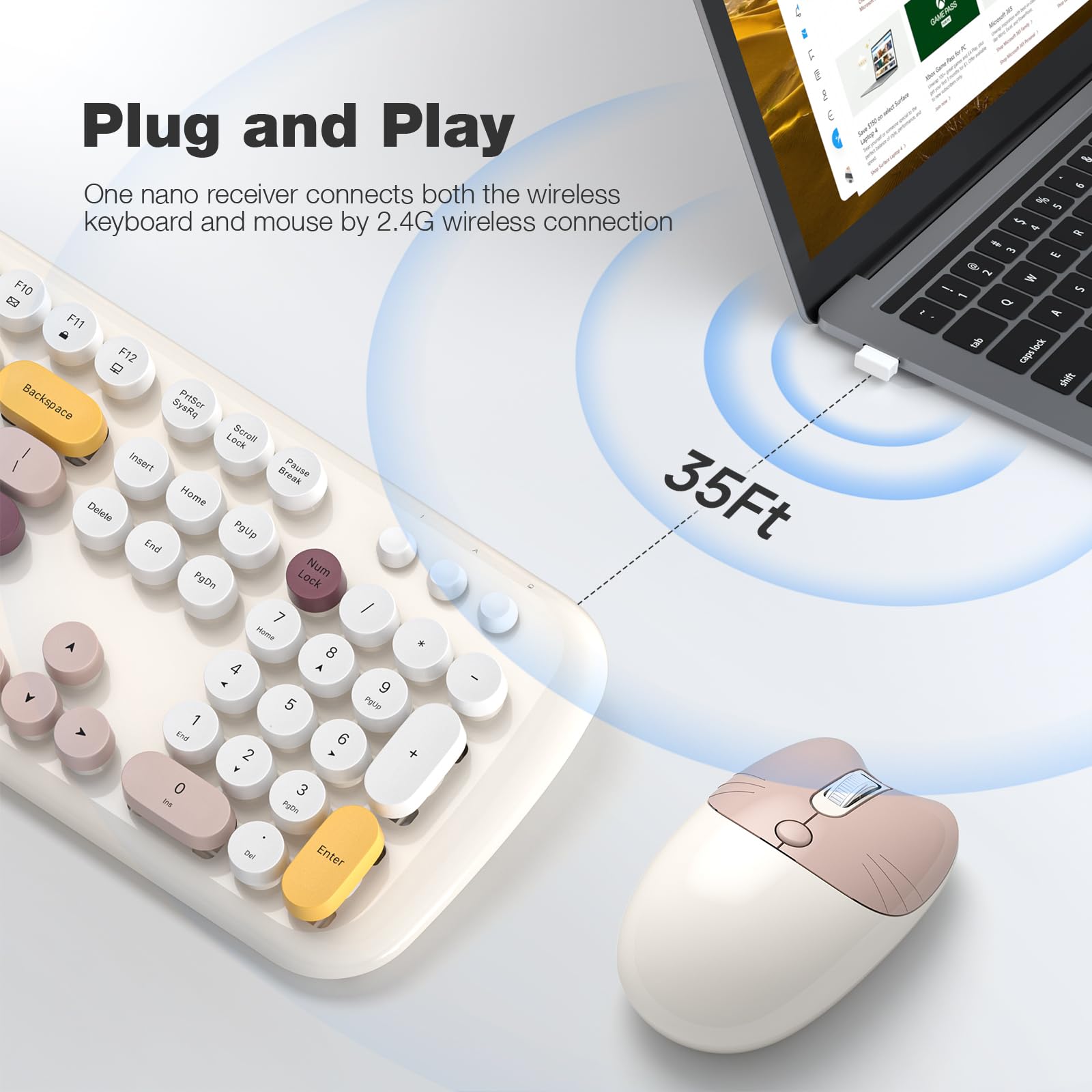 Mofii Wireless Keyboard And Mouse Combo, 2.4G Full Size Retro Typewriter Computer Keyboard And 3 Level Adjustable Wireless Mouse