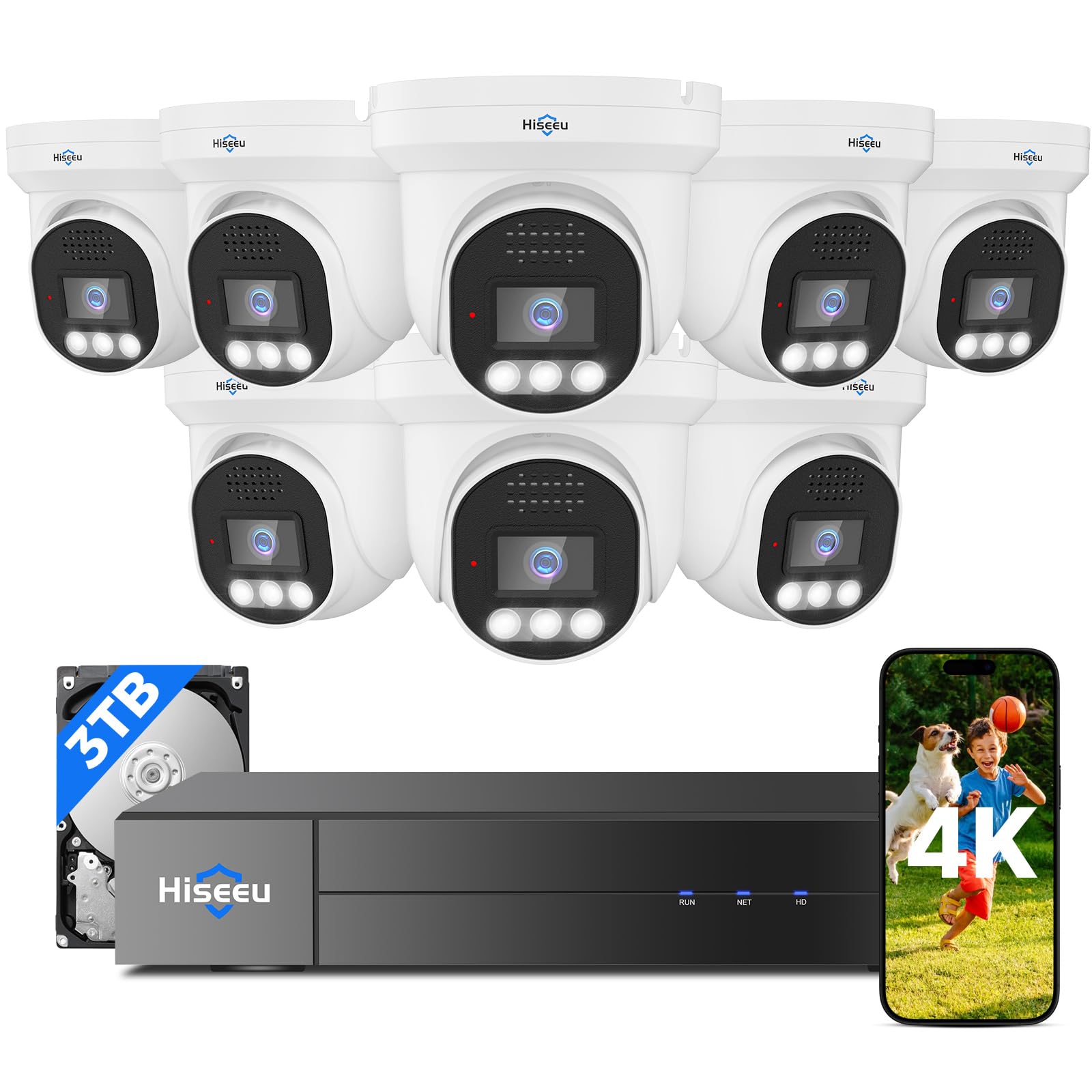 [4K Hd+121�Wide View] Hiseeu 4K Security Camera System, 8 Pcs 8Mp Poe Security Camera Outdoor, Human Vehicle Detect, Color Night Vision,No Monthly Fee, 3Tb Hdd For Indoor Outdoor Home Surveillance Use