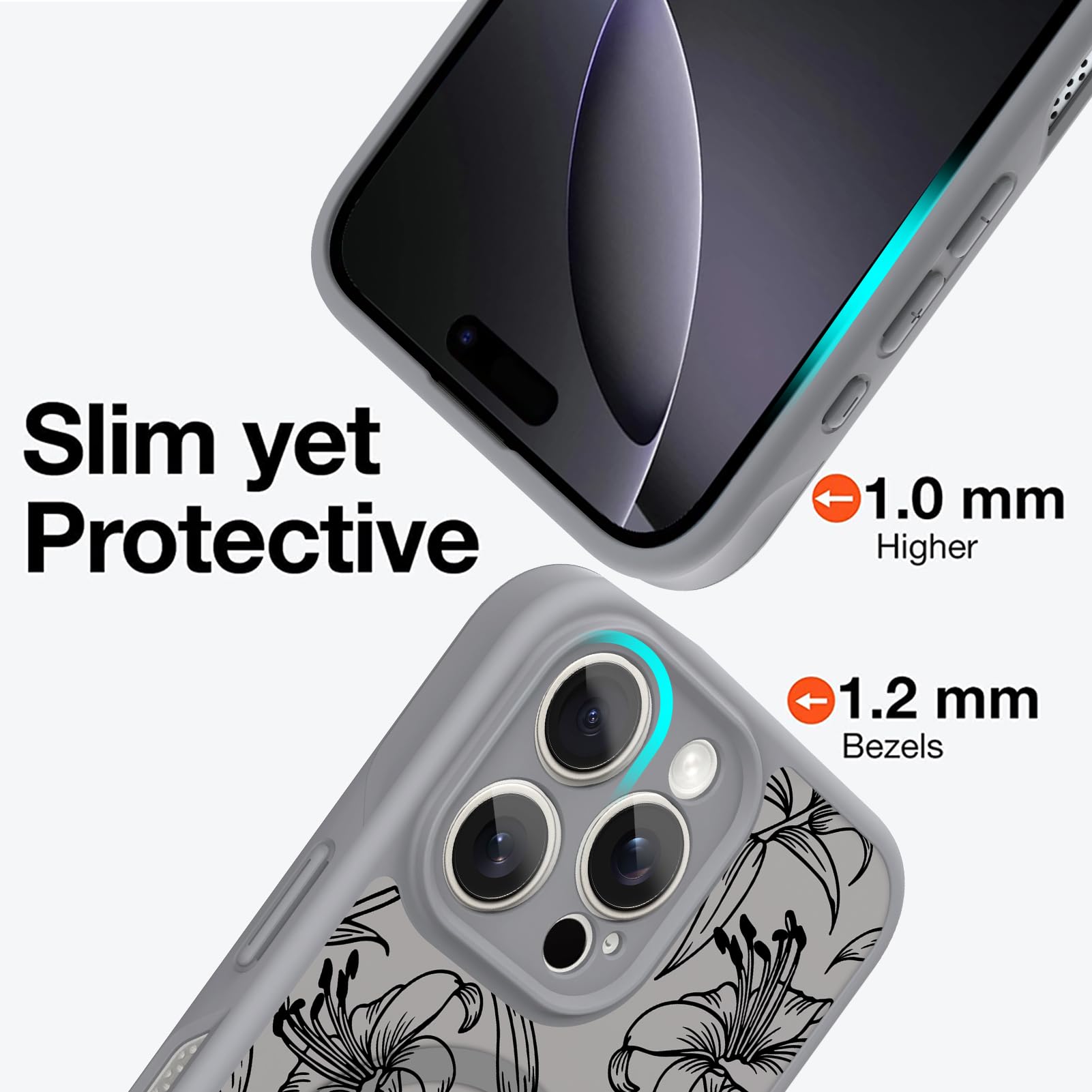 Ook Magnetic For Iphone 16 Pro Max Case Grey Flower Lily Pattern [Compatible With Magsafe] Slim Translucent Matte Camera Lens Pr