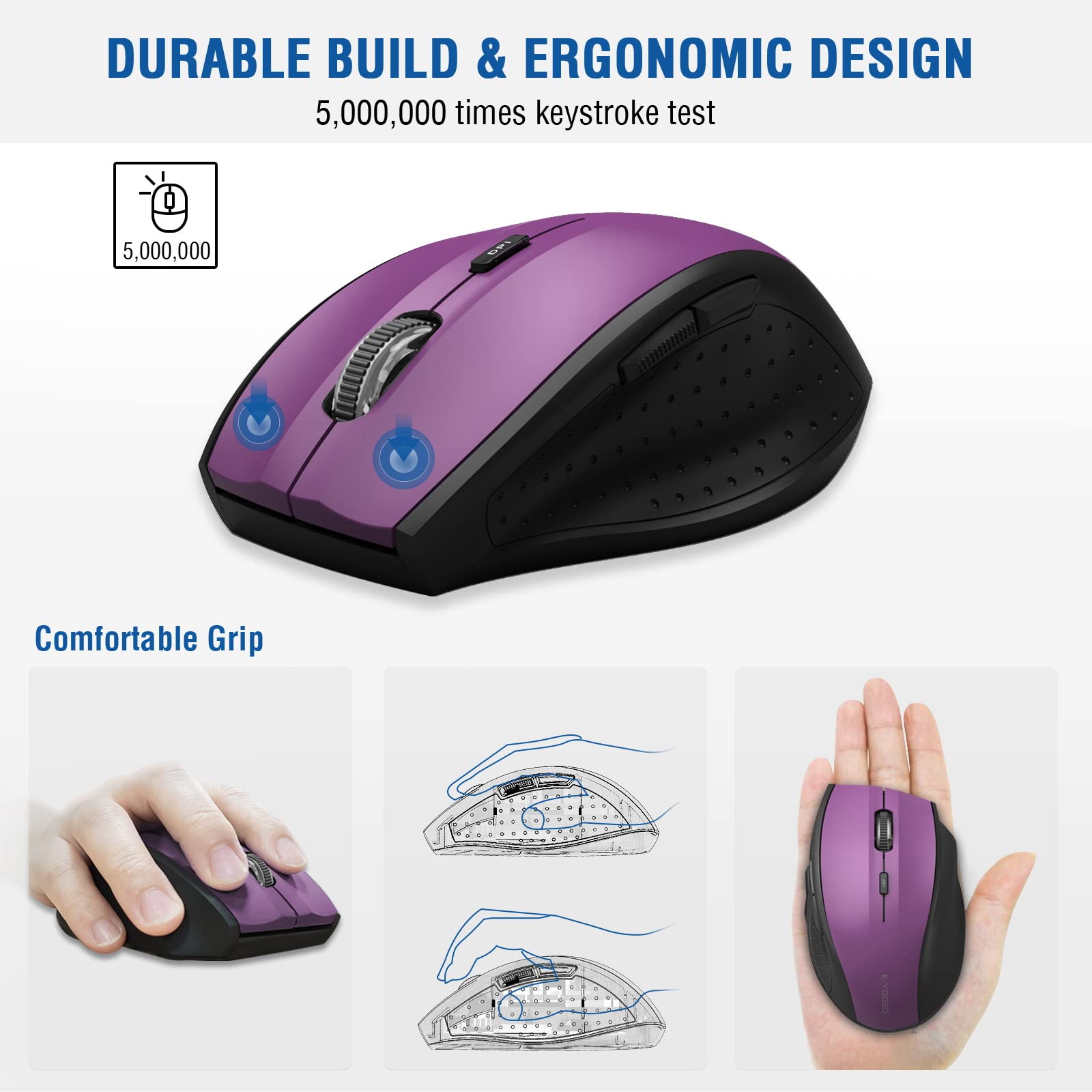 E Yooso Wireless Mouse, Computer Mouse 18 Months Battery Life Cordless Mouse, 5 Level 2400 Dpi, 6 Button Ergo Wireless Mice, 2.4