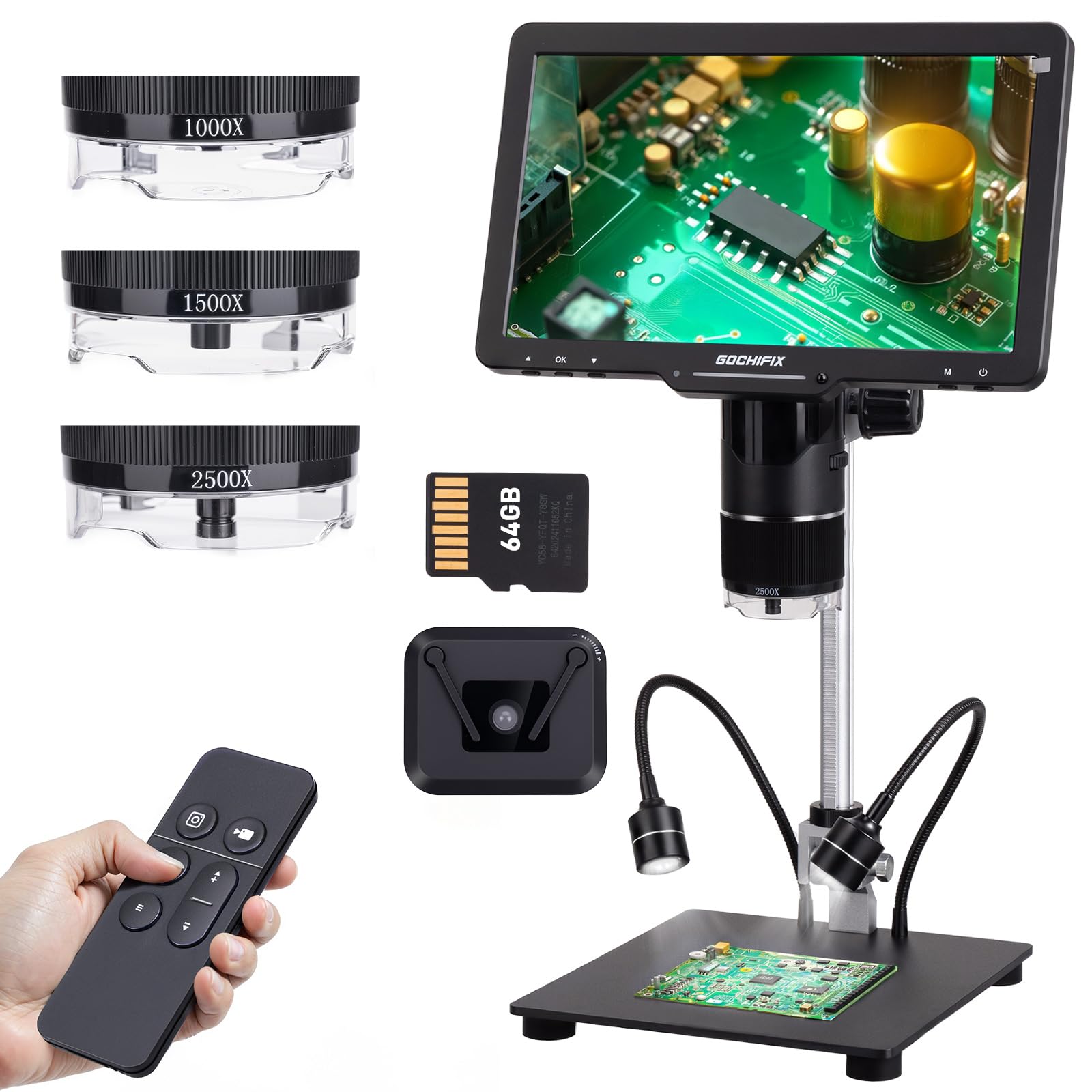 Digital Microscope, GOCHIFIX 10.1 3 Lens 2K HDMI USB 2500X 24MP Coin Magnifier Electronic Soldering Microscope with IPS Screen
