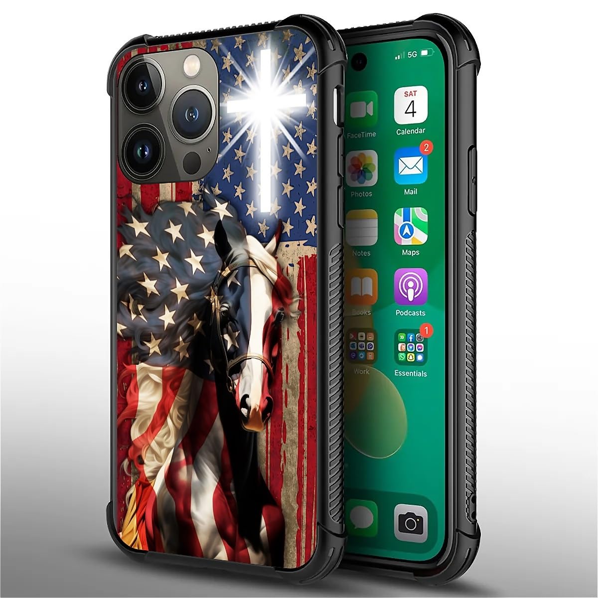 Fkbrcl4U For Iphone 14 Pro Case, Red American Flag Horse Cross Pattern Graphic Design Girl Boy Soft Silicone Hard Acrylic Shock