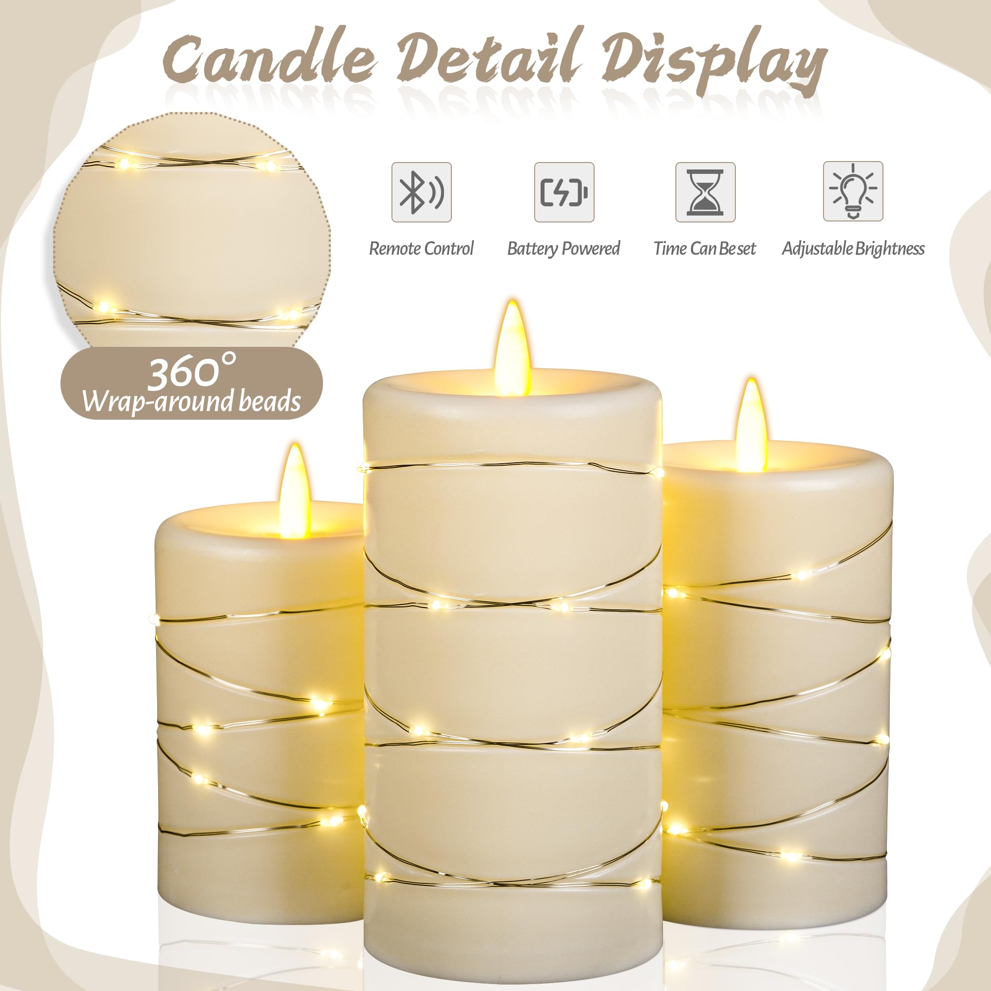 Flameless Led Candles With Timer 3 Pc Flickering Flameless Candles For Romantic Ambiance And Home Decoration,With Embedded Star