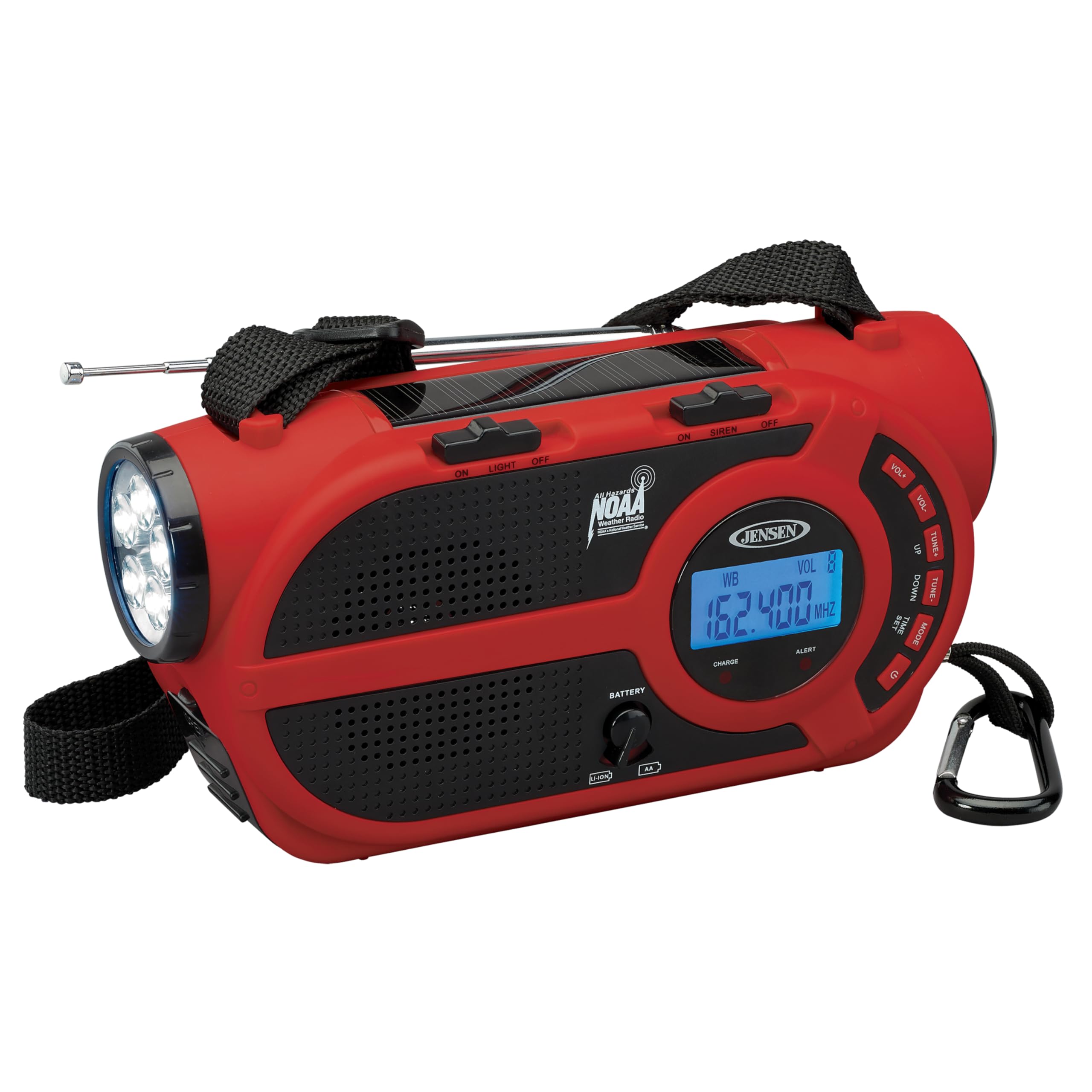 Jensen Jep 650 Portable Digital Am/Fm Weather Radio With Weather Alert, Flashlight, And 4 Way Charging, Red, Jep 650