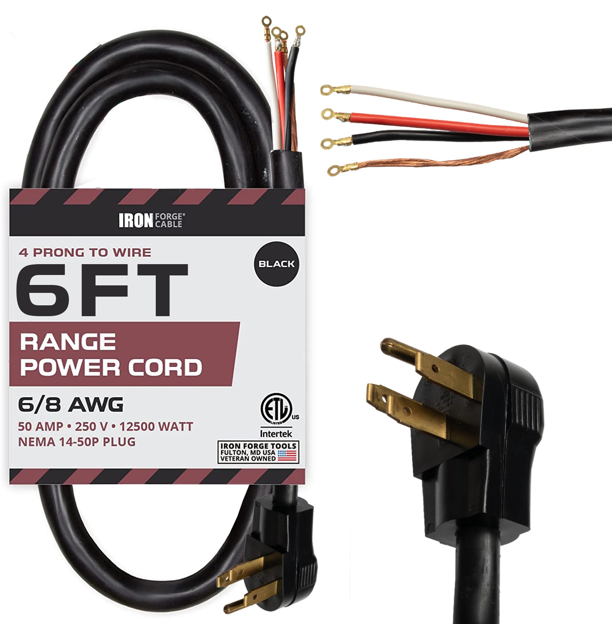 Iron Forge Cable 4 Prong Range Cord 6 Ft   50 Amp Extension Cord 6 Foot, Nema 14 50 Plug, 6/8 Range & Stove Cord 4 Prong Srdt, 1
