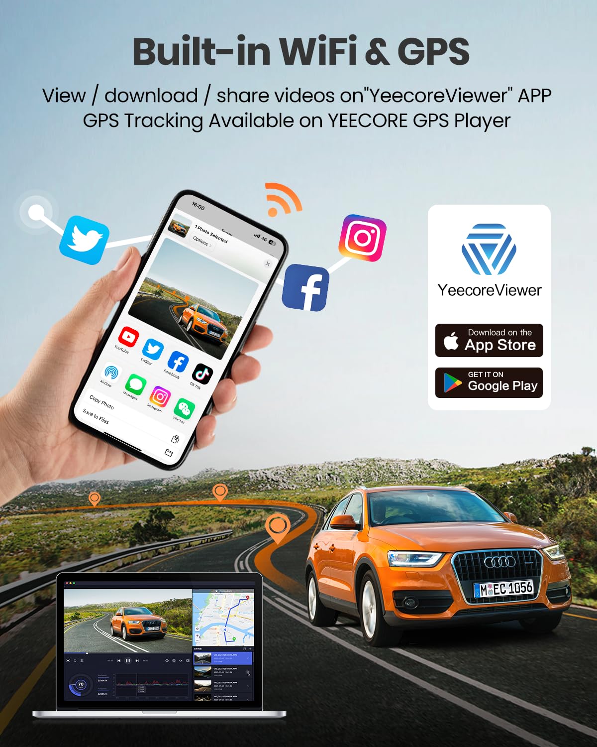 Yeecore Dash Cam Front And Rear, Real 4K+1080P Dual Dash Cam, Built In Wifi Gps, 3.3 Inch Eye Care Screen, Hdr Night Vision, 24H