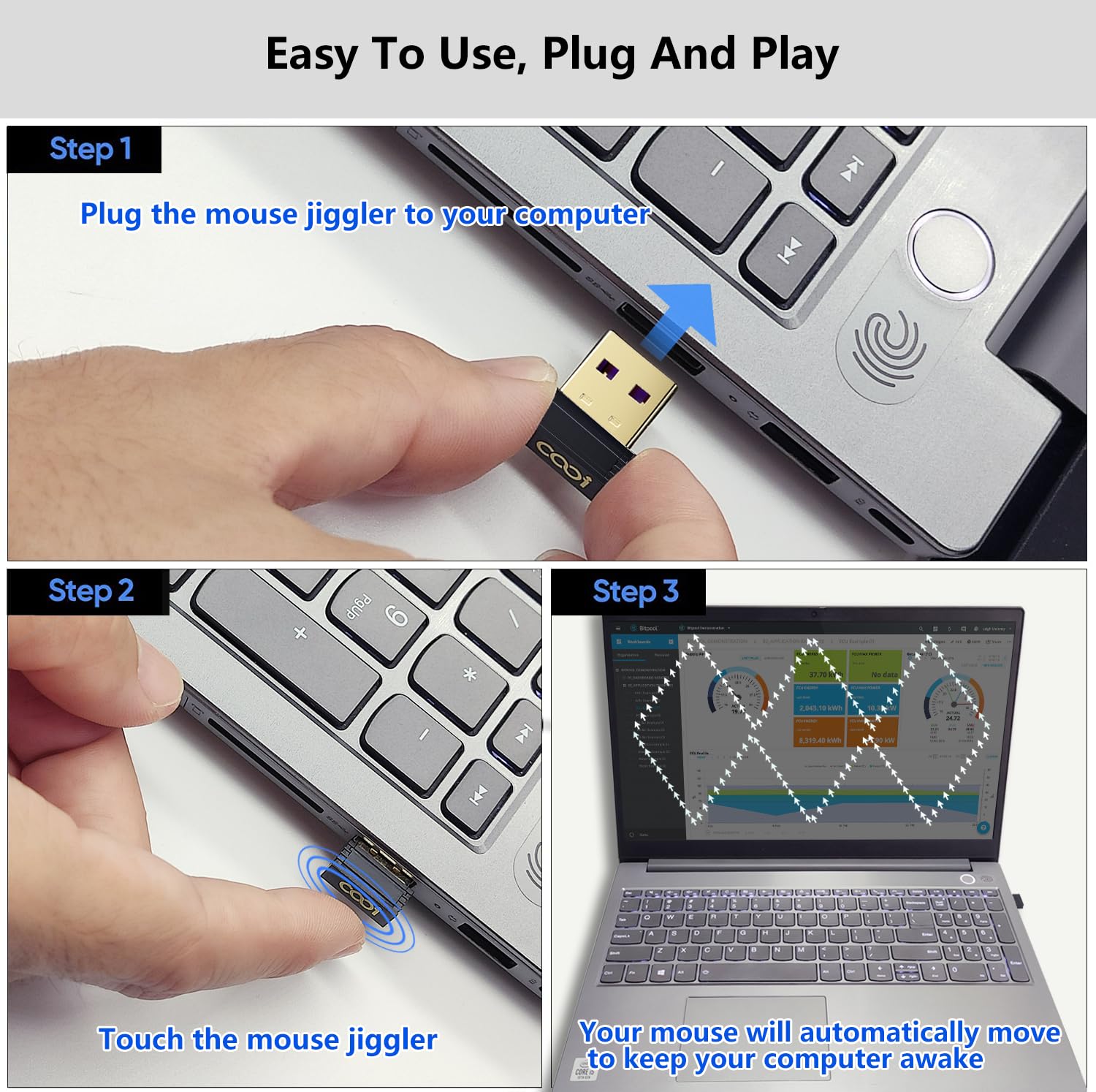 Cooidea Mouse Jiggler, Mini Undetectable Mouse Mover With On/Off Touch Switch, Usb C Adapter,2 Jiggle Modes, Driver Free, Plug A