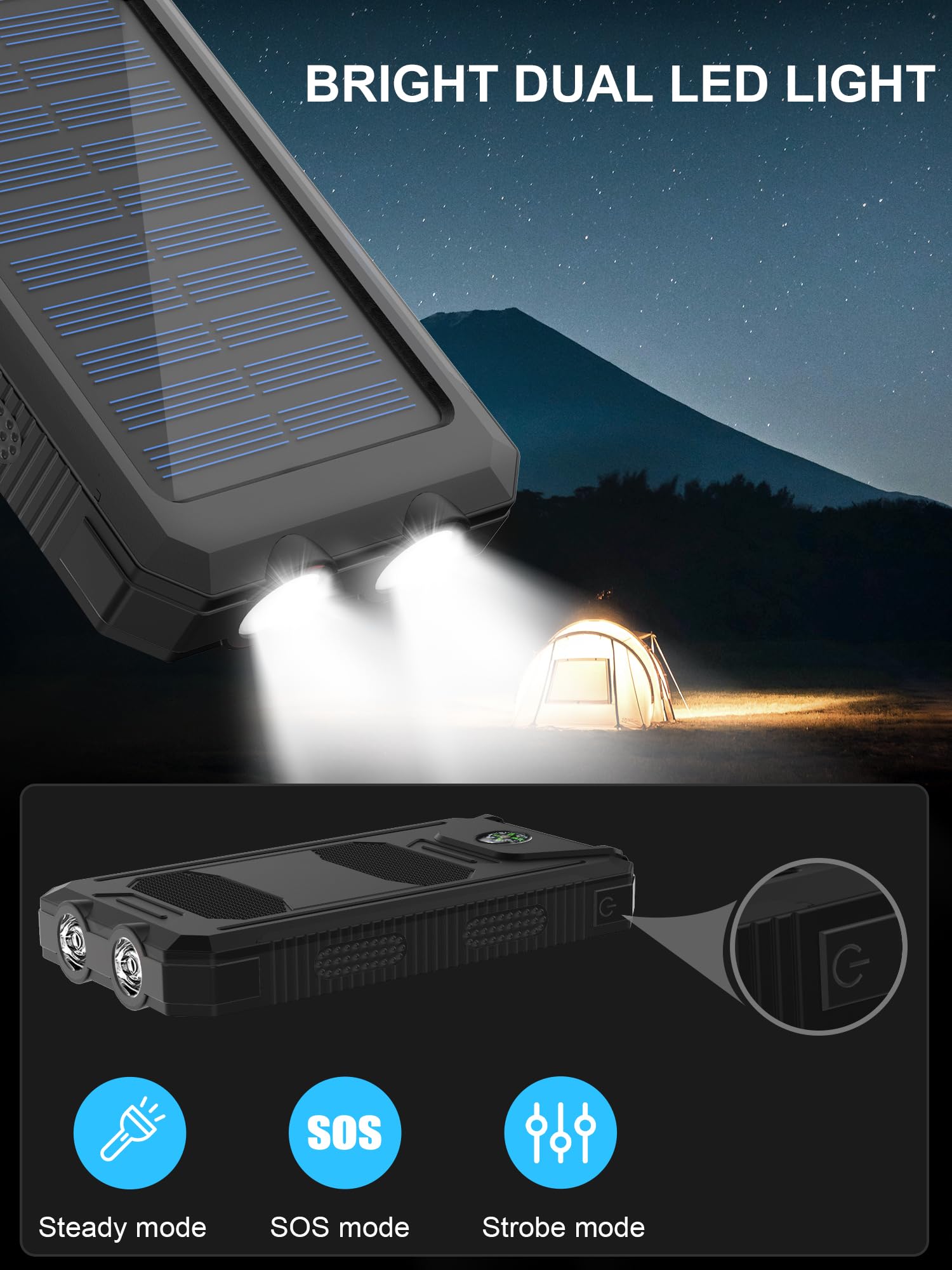 Solar Charger,38800Mah Portable Solar Power Bank,Waterproof External Backup Battery Power Pack Charger With 2 Usb/Led Flashlight