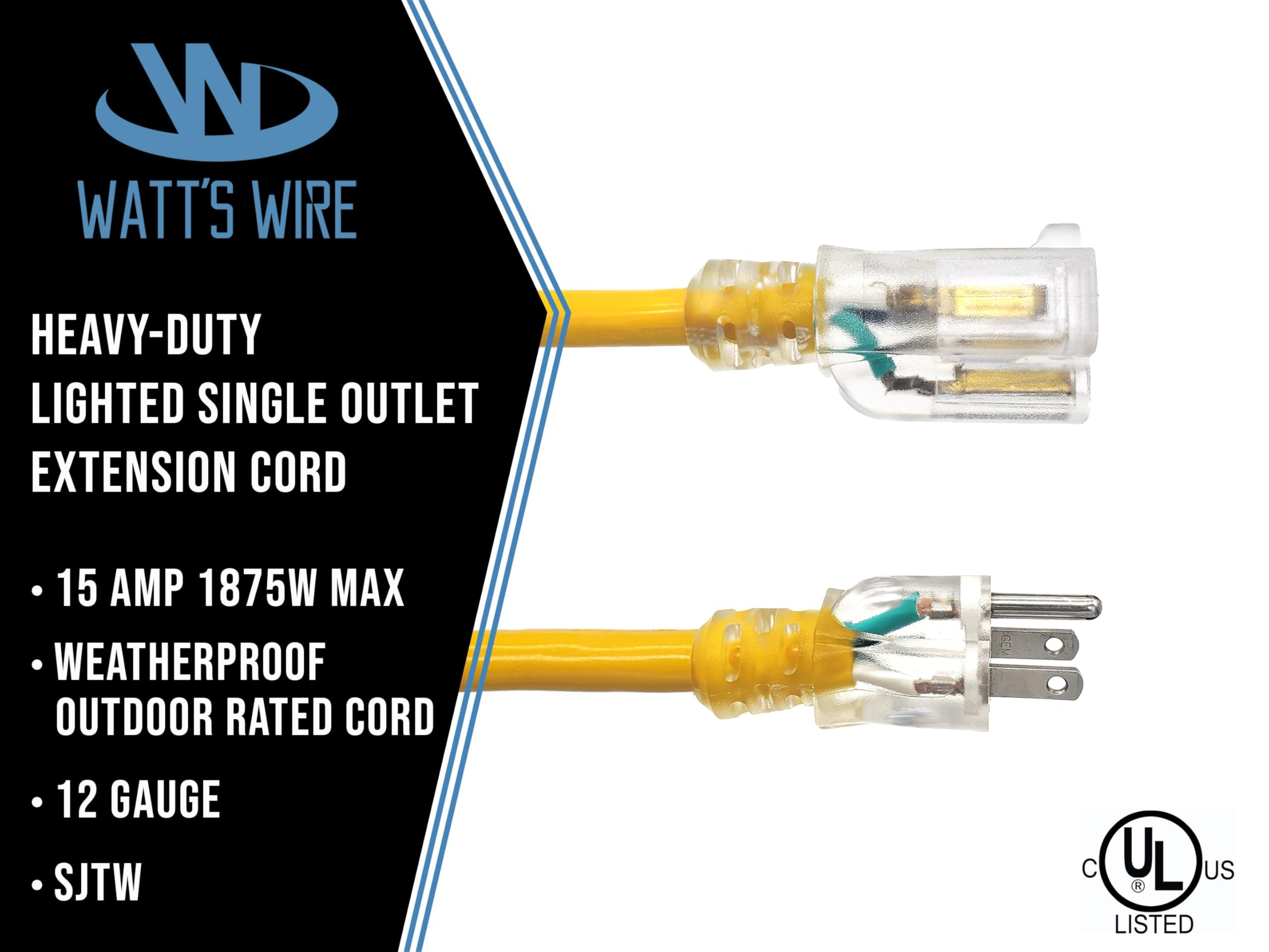 15 Ft   12 Gauge Heavy Duty Lighted Sjtw Indoor/Outdoor Yellow Extension Cord By Watt'S Wire   15' 12 Gauge Grounded 15 Amp Powe
