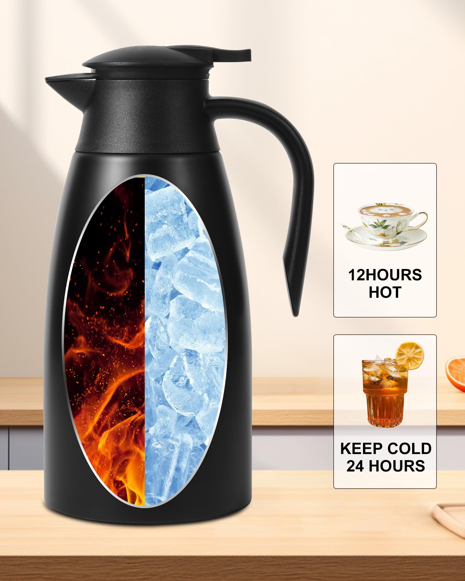 Tgvasz 70oz Black Stainless Steel Thermal Coffee Carafe - Insulated Pot Keeps Liquid Hot for 12 Hours - Ideal for Coffee & Hot Water