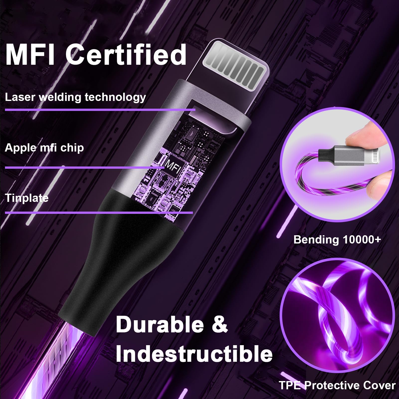 Light Up Iphone Charger Cable Led Apple Charger Cord Apple Mfi Certified Cool Usb Fast Charging For Iphone 14 13 12 11 Pro Max Xr X Se 8 Plus Ipad Ipod Touch More (Purple, 6 Ft)