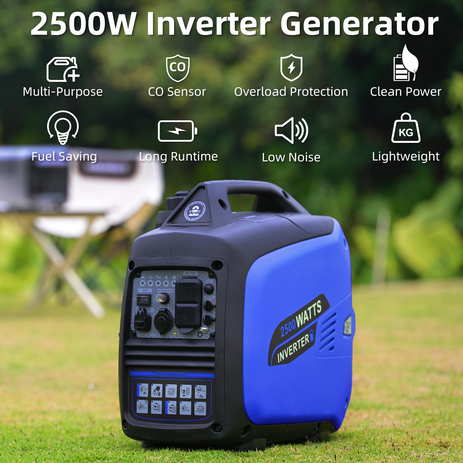 Portable Inverter Generator 2500W Gas Powered, Quiet Generators For Home Use, Camping, Emergency Home Backup, Parallel Ready, Wi
