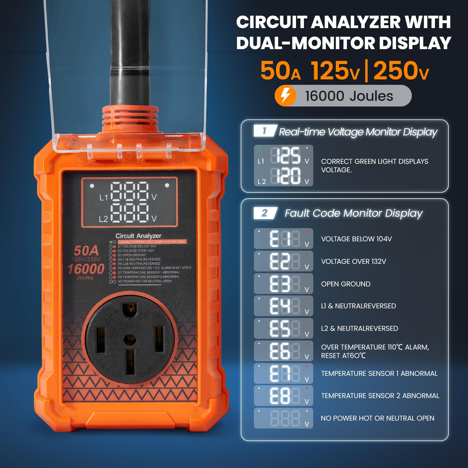 Krevz 16000 J Rv Surge Protector 50 Amp, Upgraded Dual Monitor Display Rv Power Surge Protector With Safety Certification, High/