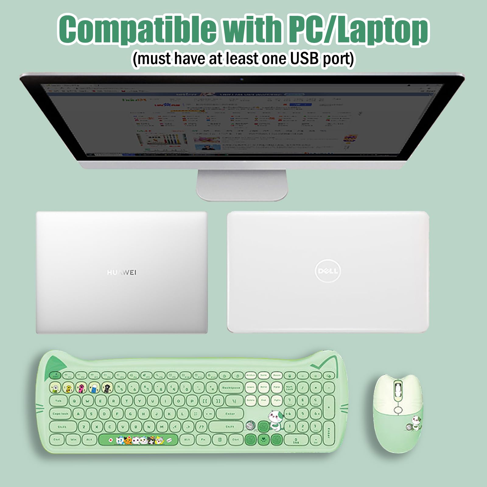Cute Cat 2.4G Usb Wireless Keyboard And Mouse Combo, Silent Keys, Candy Colors, Compatible With Notebook, Pc (Green 110Keys)