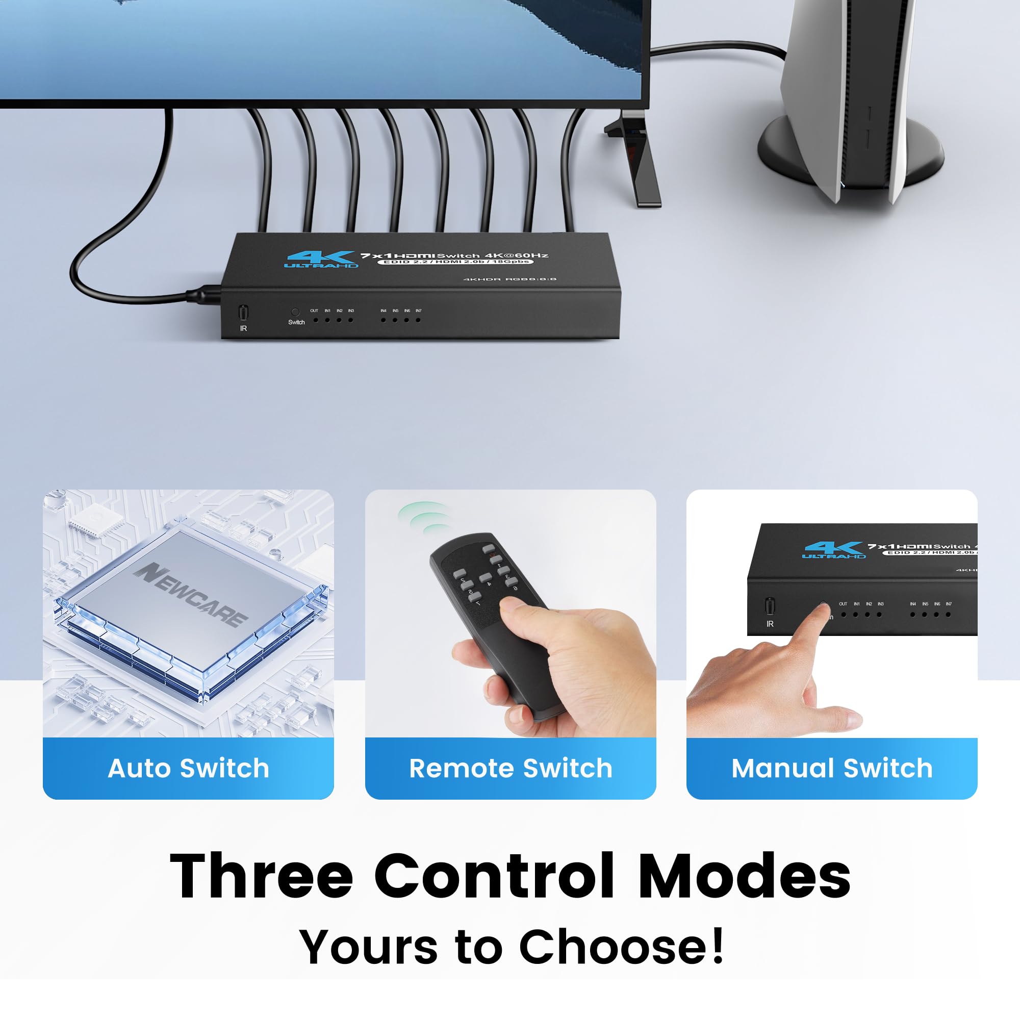 Newcare Hdmi Switch 7 In 1 Out 4K@60Hz, 7X1 Hdmi Switcher With Ir Remote, 7 Port Hdmi Selector Box Support Hdmi2.0, Dolby Vision/Atmos, Hdr10 For Xbox, Switch, Ps5/4, Roku, Fire Stick