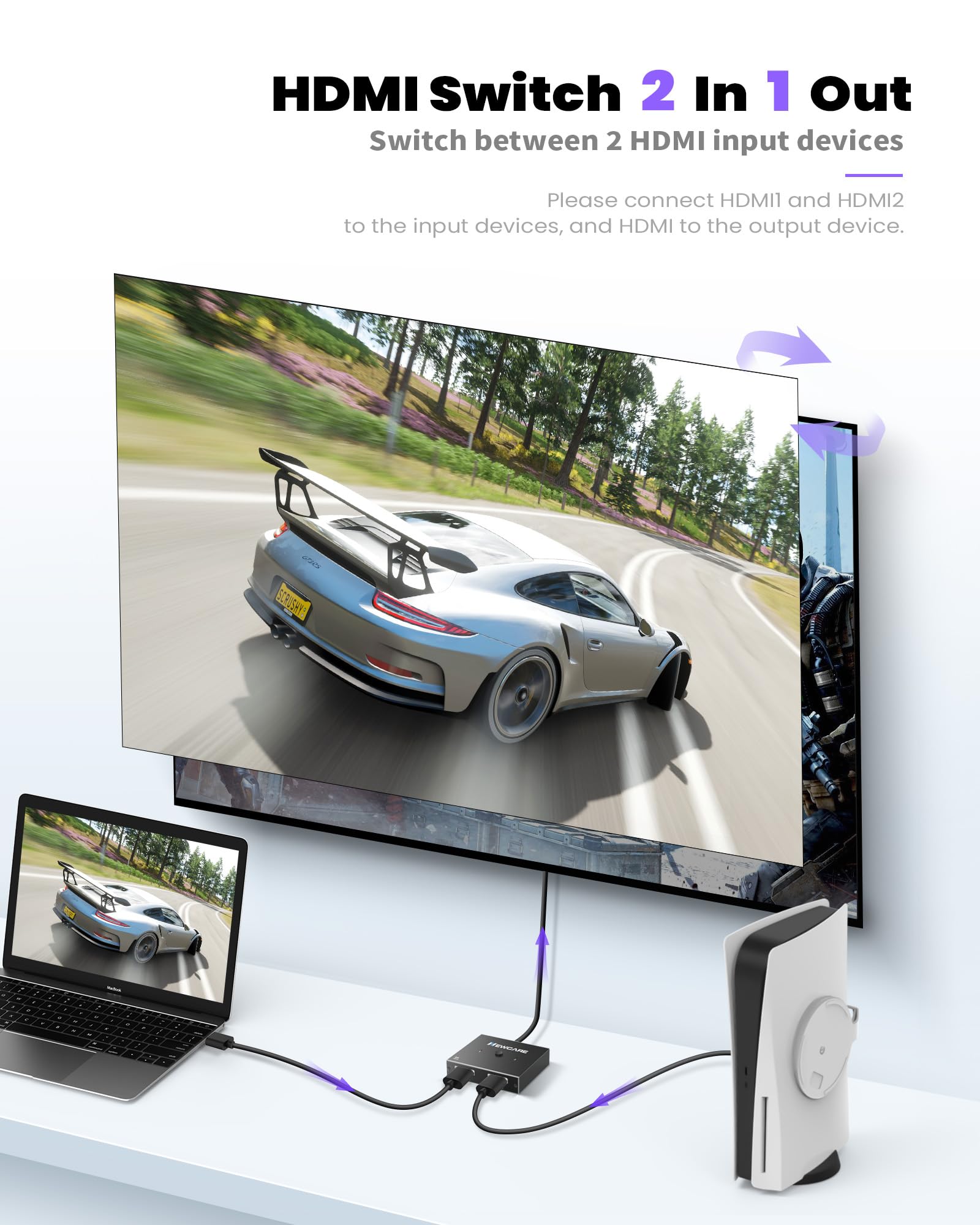 Hdmi Switch 4K@120Hz, Bidirectional 8K Hdmi 2.1 Switch 2 In 1 Out, 48 Gbps, Hdr, 3D Surround Sound, Newcare Aluminum 8K@60Hz Hdmi Switcher Splitter For Ps5/4, Xbox, Fire Stick