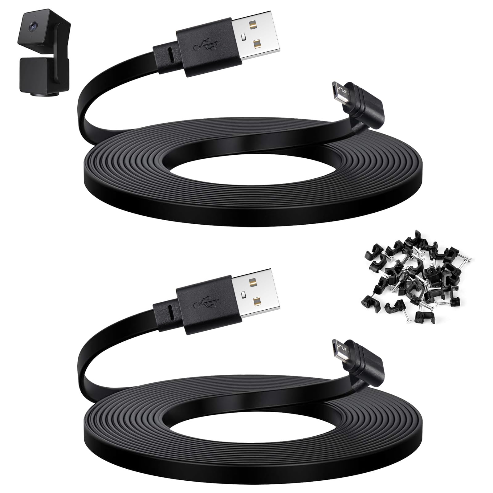 Smays 10 ft Cable for WYZE Cam Pan v3 Camera, Long Micro USB Flat Power Cord, 90 Degree 2-Pack, Black