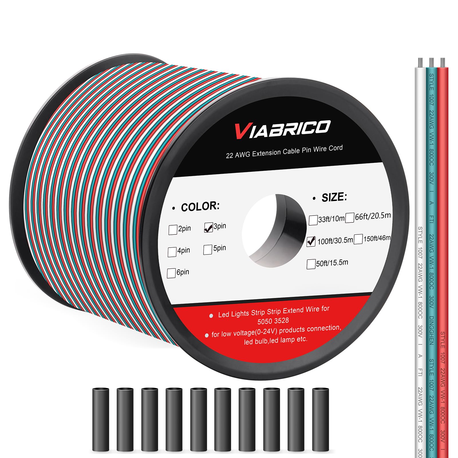 Viabrico 100Ft Extension Cable 3 Pin Wire Cord, With 10Pcs Heat Shrink Tubes, 22Awg Hookup Electrical 3 Color Wire Stranded Tinn