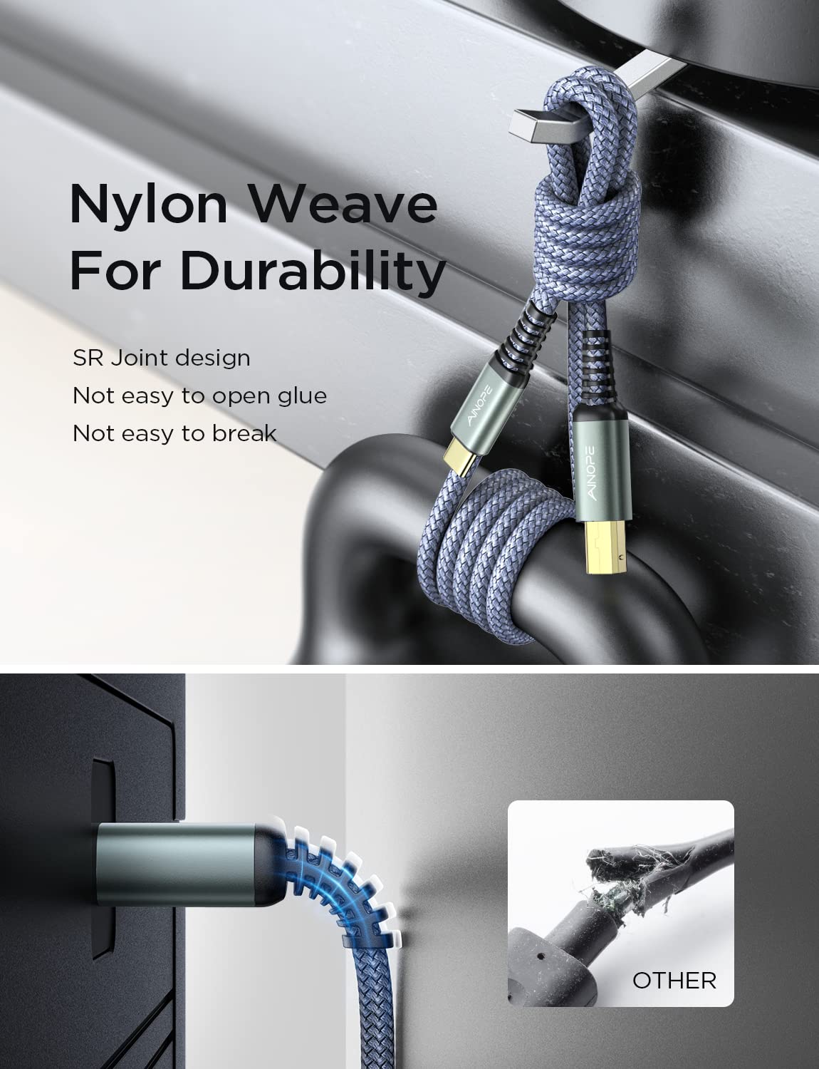 Ainope Usb B To Usb C Printer Cable 6.6Ft, [Gold Plated Plug] Nylon Braided, Usb C Printer Cable For Macbook Pro, Midi Cable For