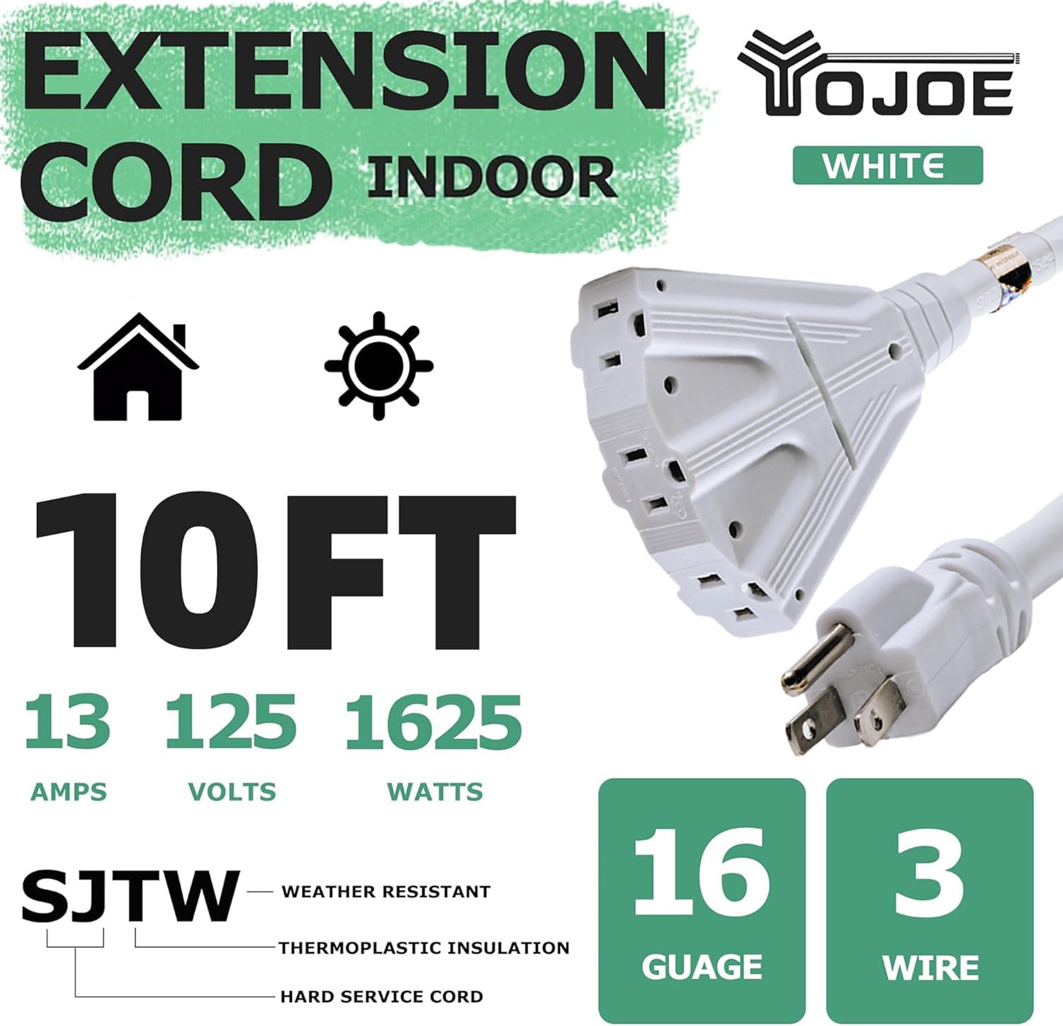 Yojoe 3 Outlets Indoor Outdoor Extension Cord, 3 Prong 13A Weatherproof Power Cord Multiple Outlets, 16 Gauge Heavy Duty 10 Ft W