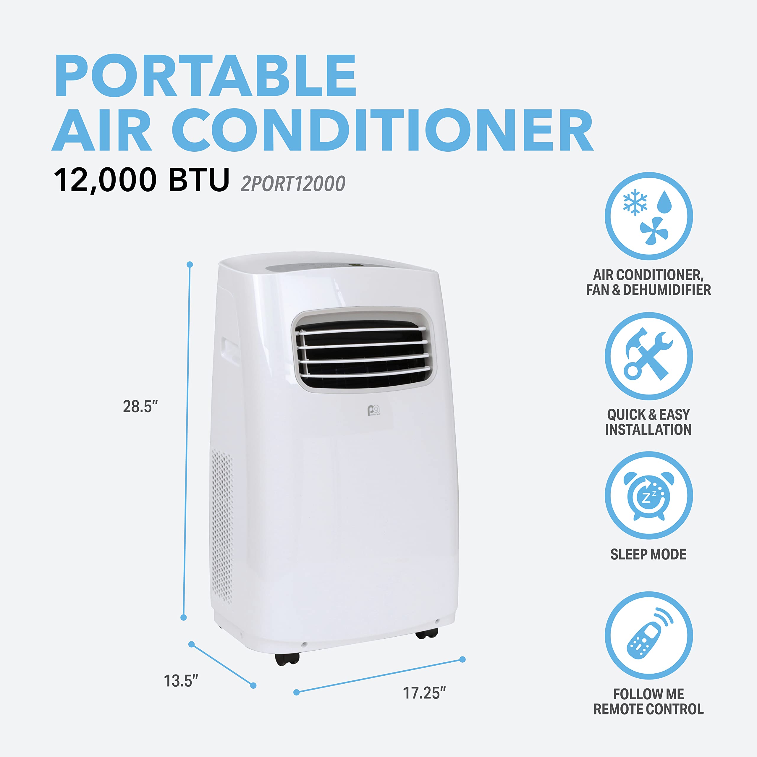 Perfectaire 2Port12000 12,000 Btu/6,500 Sacc Compact Portable Air Conditioner With Full Function Remote For Medium Rooms, White, 115V   Cec