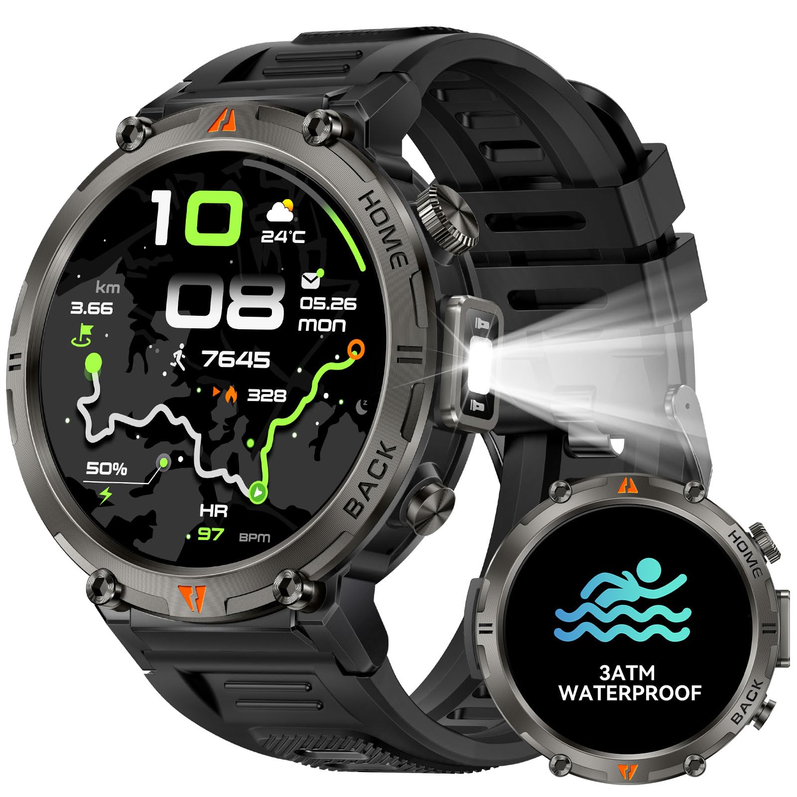 Military Smart Watch for Men GPS Watch with Flashlight Compass 3ATM Waterproof Rugged Tactical Smartwatch Bluetooth Calling 1.45