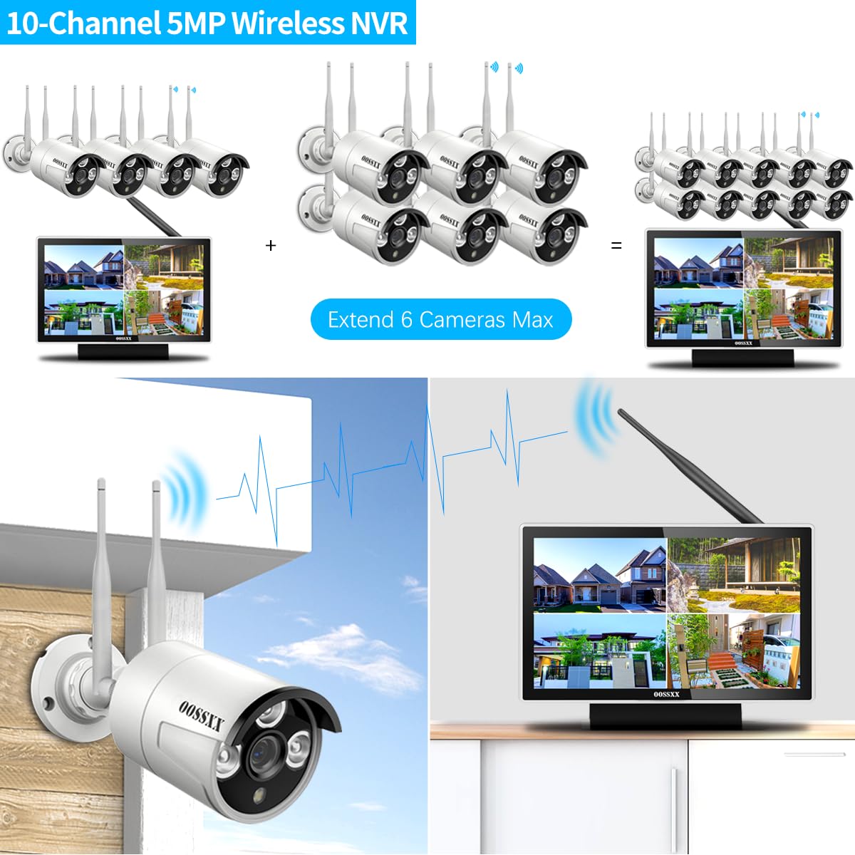 (All In One Monitor) 2 Antennas Enchance Outdoor Security Camera System Wireless With Monitor Wifi Home Surveillance System 3.0Mp Video Surveillance