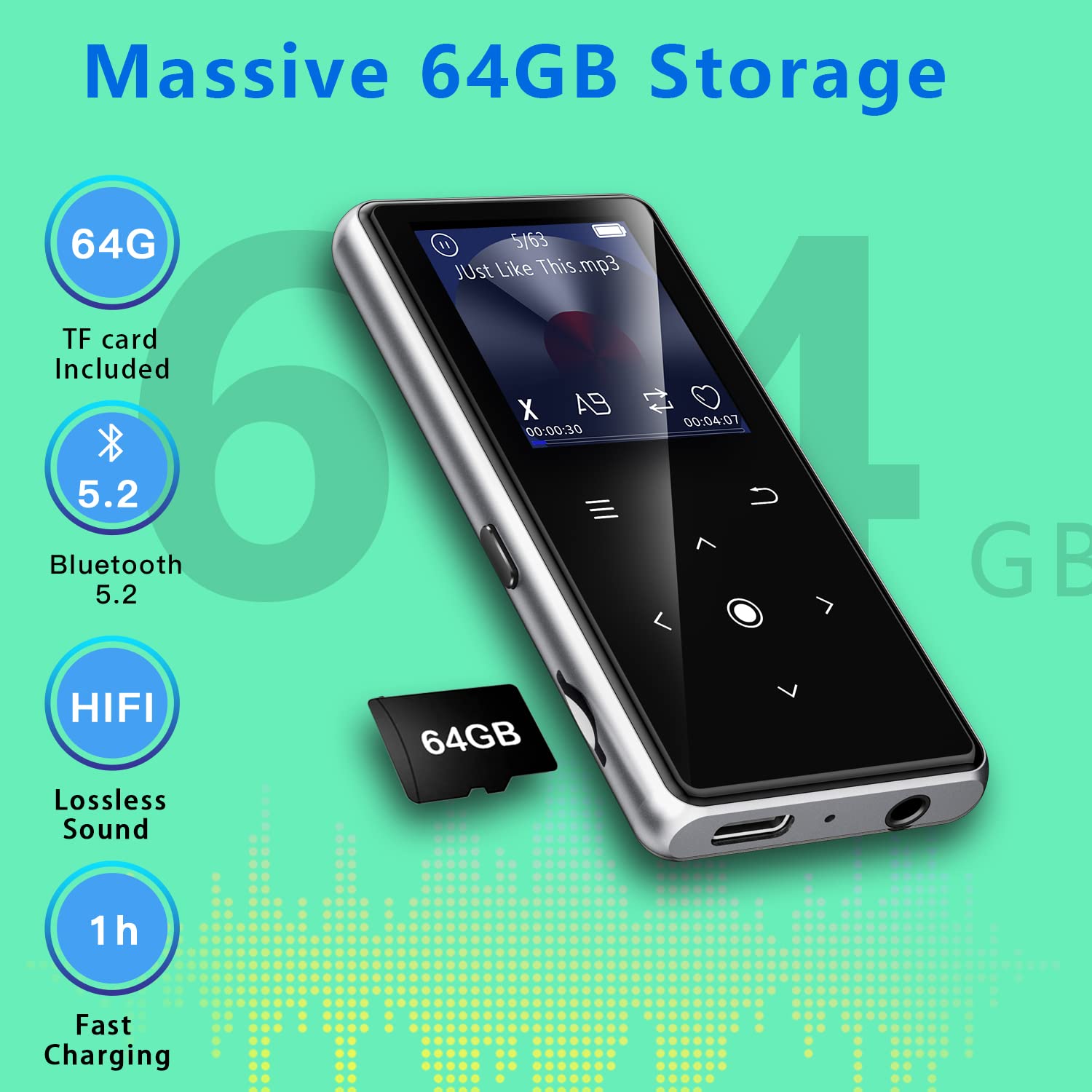 64Gb Mp3 Player With Bluetooth 5.2, Aimoonsa Music Player With Built In Hd Speaker, Fm Radio, Voice Recorder, Hifi Sound, E Book