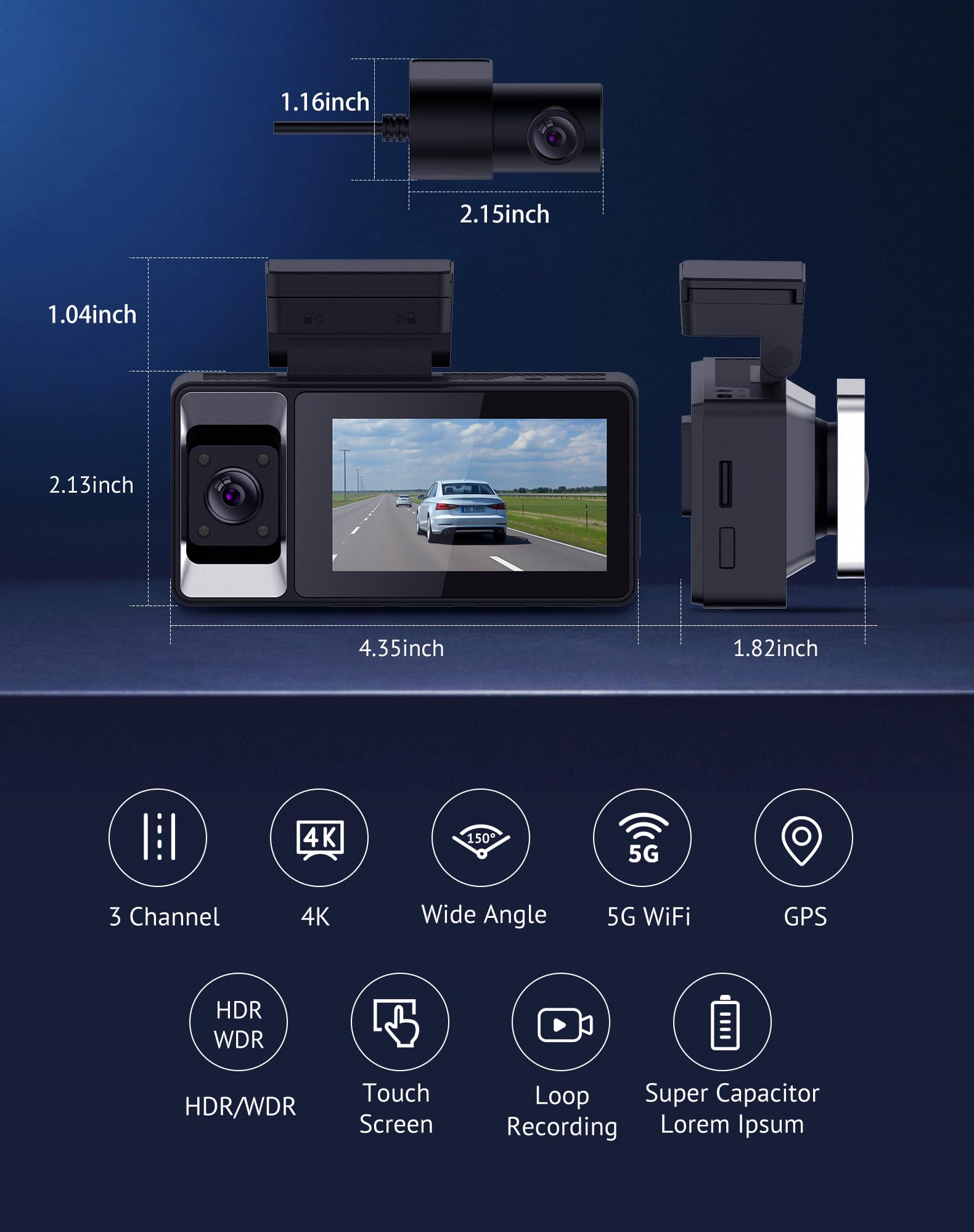 Hugolog 3 Channel Dash Cam 4K+1080P+1080P Hd Triple Dashcam With 5G Wifi, 3'' Ips Touch Screen, Front And Rear Inside Loop Recor