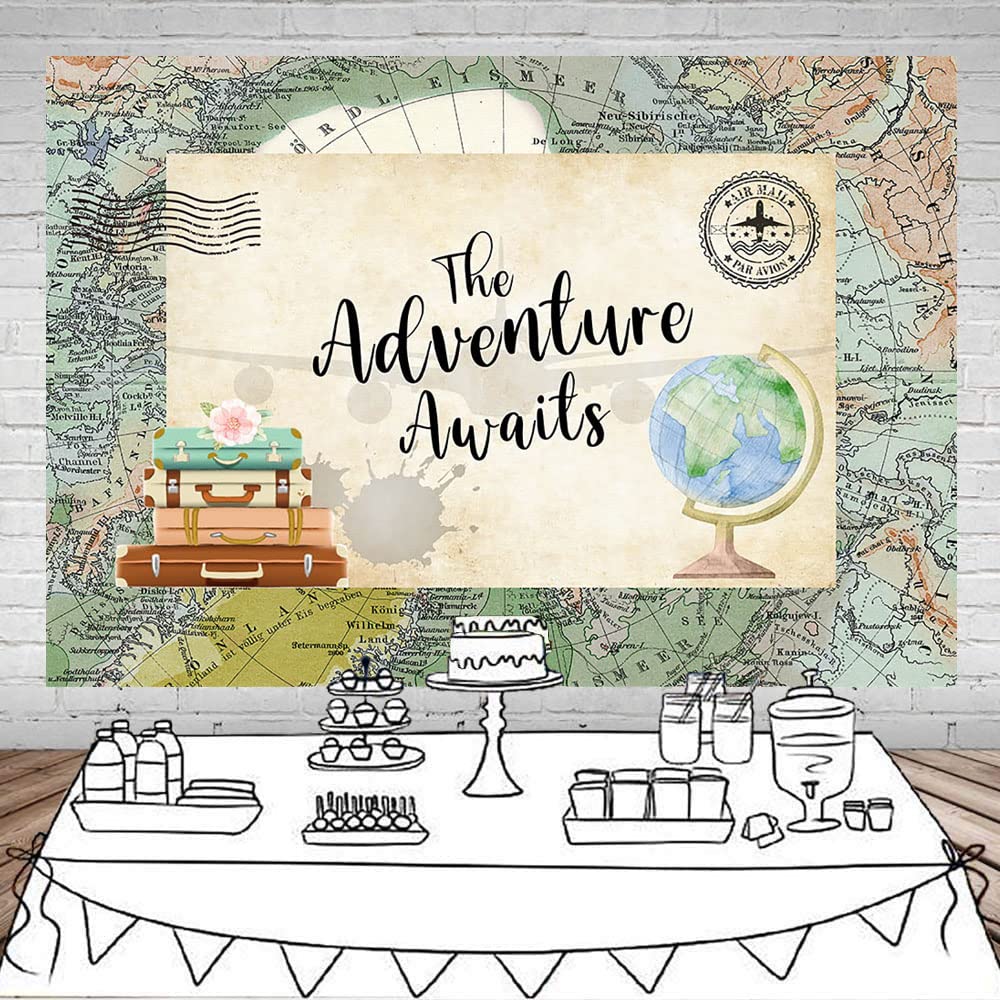 Mocsicka Adventure Awaits Backdrop Travel Themed Decorations Let The Adventure Begin Travel Around The World Baby Shower Birthda